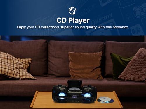 Emerson Emerson EPB-3005 Retro Portable Boombox CD Player, Cassette, AM/FM Radio, Bluetooth, USB, LED Display, Aux-in, Headphone Jack, Battery or AC Powered, Classic Entertainment for Home & Outdoors