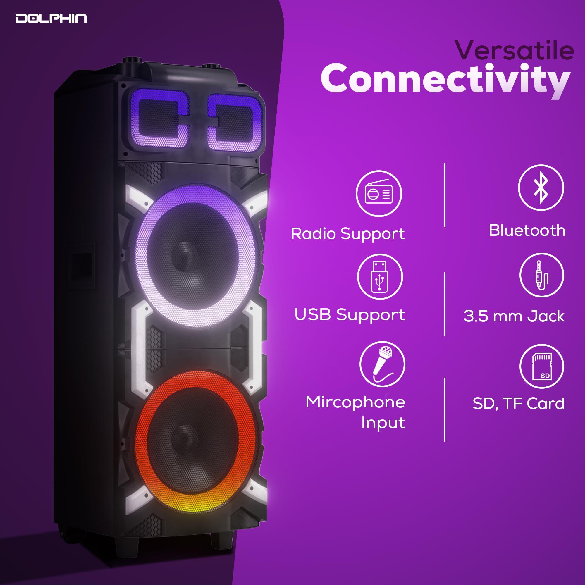 Dolphin Dolphin High-Power Portable Party Bluetooth Speaker Wooden Cabinet, X-BASS, LED Lights, Wireless Microphone Ideal for Parties, Tailgating, and Events