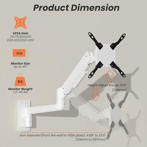 PUTORSEN PUTORSEN 17-49 inch Premium Ultrawide Monitor Wall Mount, Heavy Duty Single Wall Mount Monitor Arm up to 44lbs, Fully Adjustable Single Wall Monitor Arm Wall Mount Stand, VESA 75/100/200,White