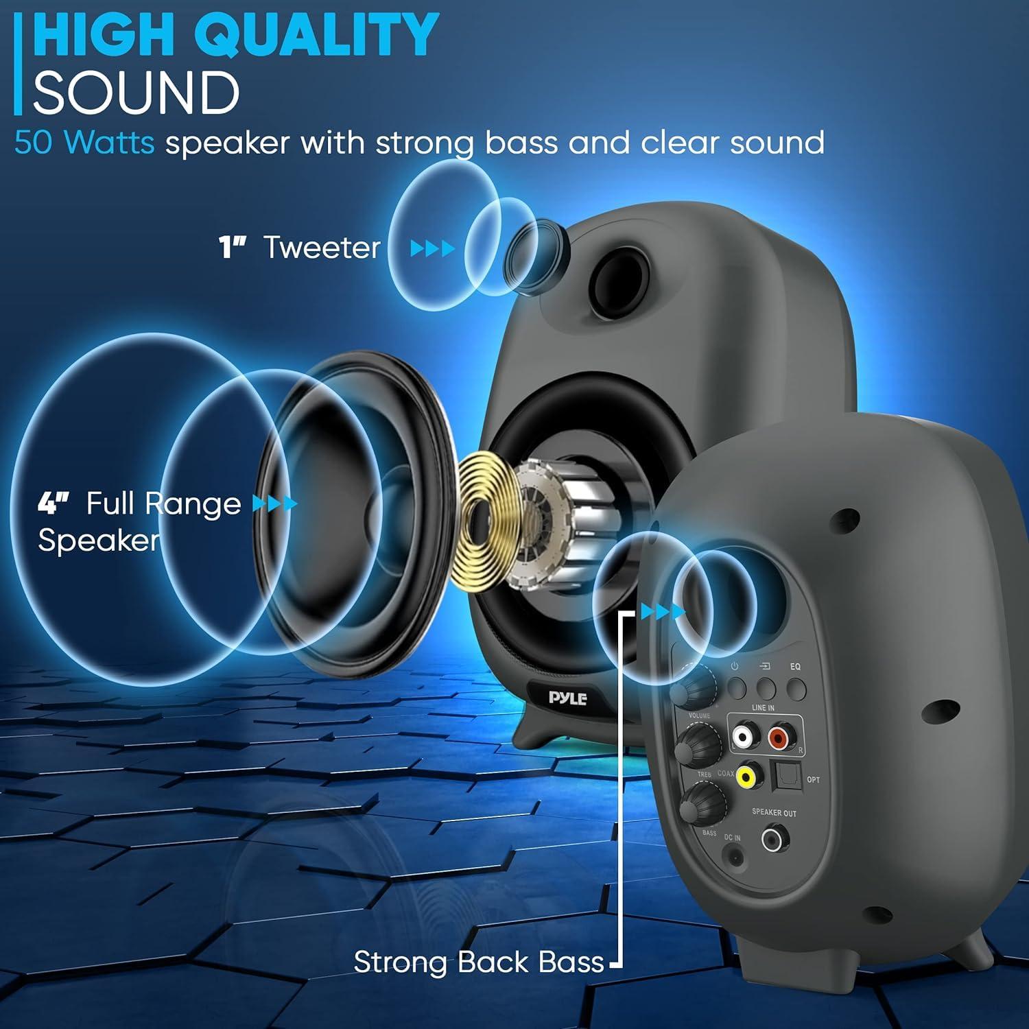 Pyle PYLE Powered Bookshelf Speakers- Bluetooth Studio Monitor Speaker Set, Tv & Pc Speaker, Desktop HiFi Stereo Speaker, Home Theatre Sound System-60 Watt