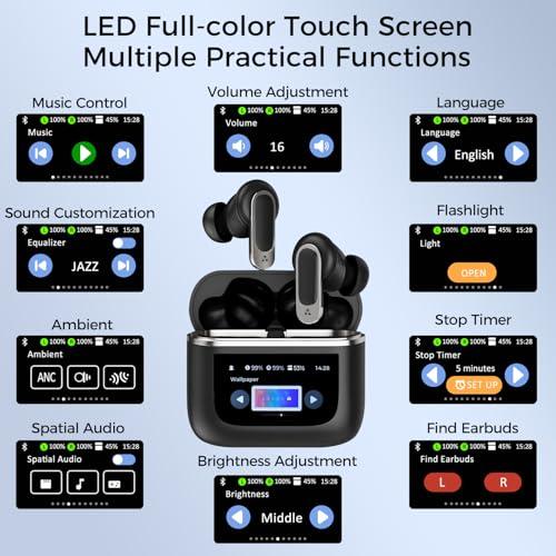 Alpha Digital Alpha Digital Wireless Earbuds with LCD Touch Screen, Bluetooth 5.3, Noise Cancelling, 1.47" Screen, 32H Playback, IP4 Waterproof, Lightweight, ANC & Transparency Mode, 450mAh Wireless Charging Case