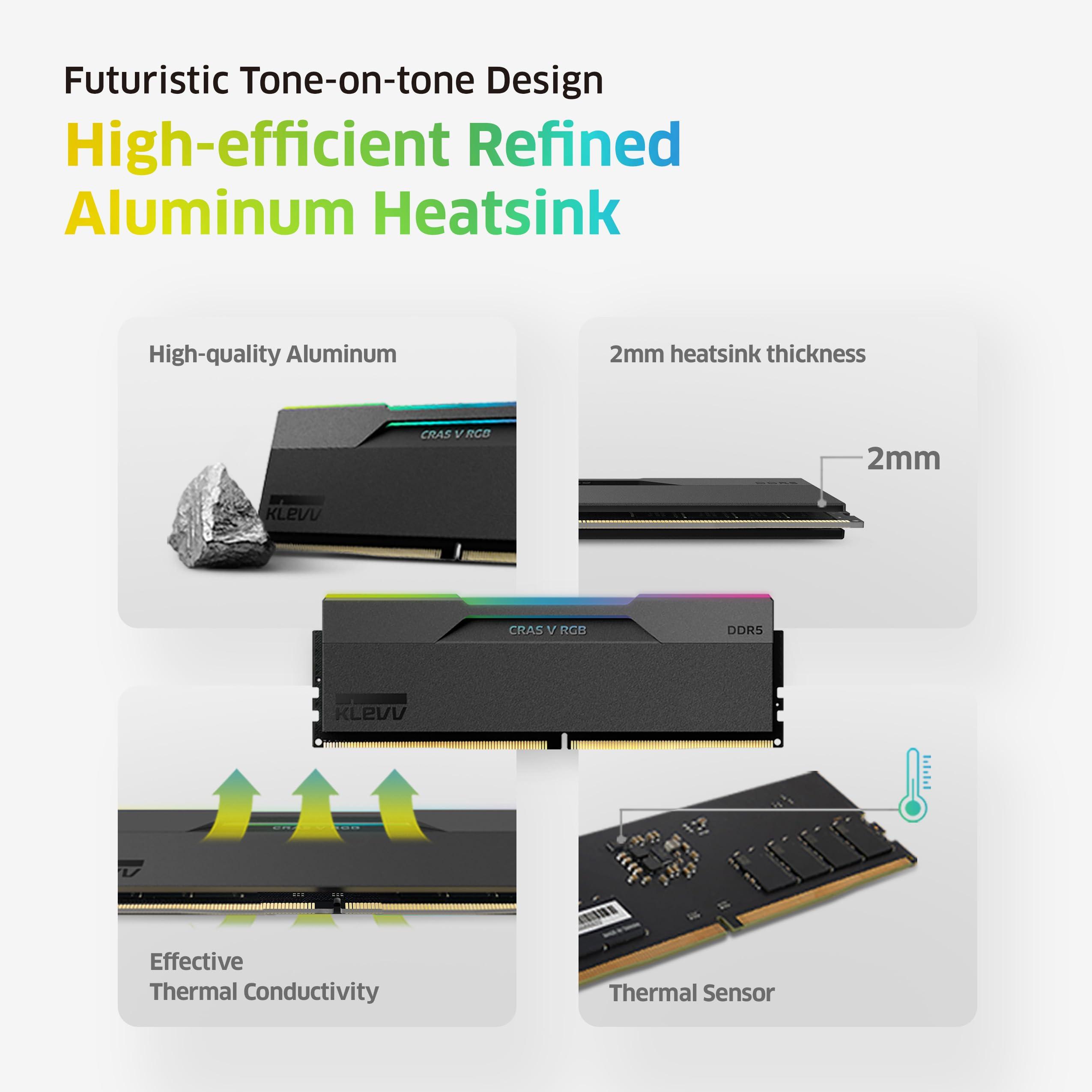 KLEVV KLEVV CRAS V RGB DDR5 64GB (2x32GB) 6400MHz CL32 A-DIE 1.35V Gaming Desktop Ram Memory SK Hynix Chip XMP 3.0 / AMD Expo Ready - Black (KD5BGUA80-64A320G)