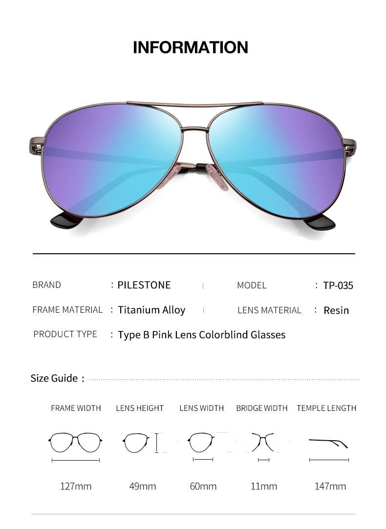 Pilestone Pilestone TP-035 Lens B Color Blind Glasses Aviator Style for Strong/Severe Red-Green Blindness Indoor/Outdoor Use