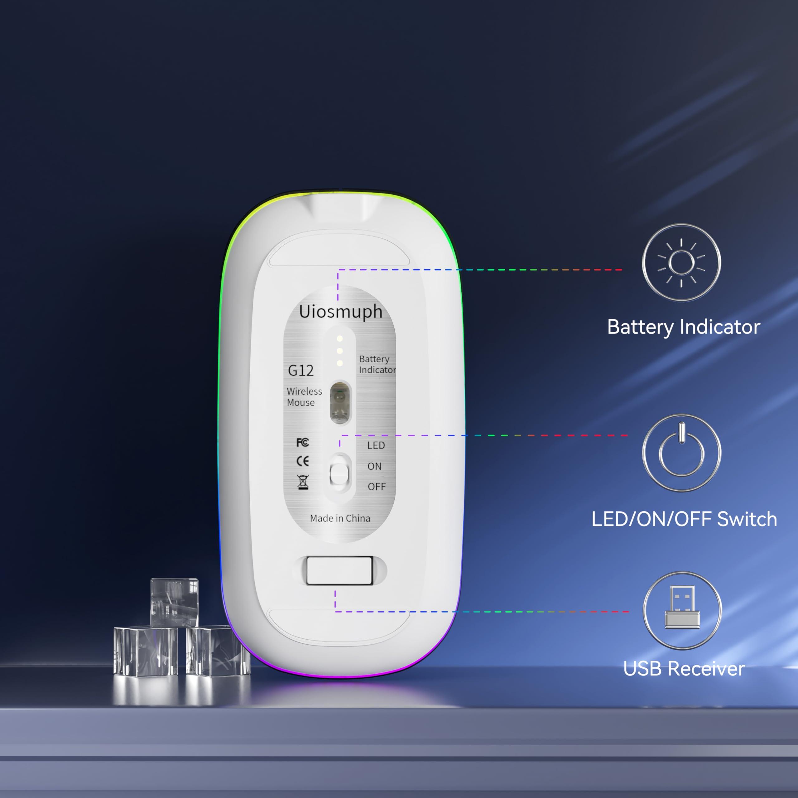 Uiosmuph Uiosmuph LED Wireless Mouse, G12 Slim Rechargeable Silent 2.4G Portable USB Optical Computer Mice with Receiver and Type C Adapter (Pink)
