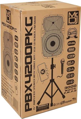 Mr. Dj Mr. Dj PBX-4200PKG 15" Powered PA DJ Speaker 2-Way Full Range Portable PA Speaker System Combo Set with Stands/Illuminating Light/Microphone/EQ/USB/Bluetooth