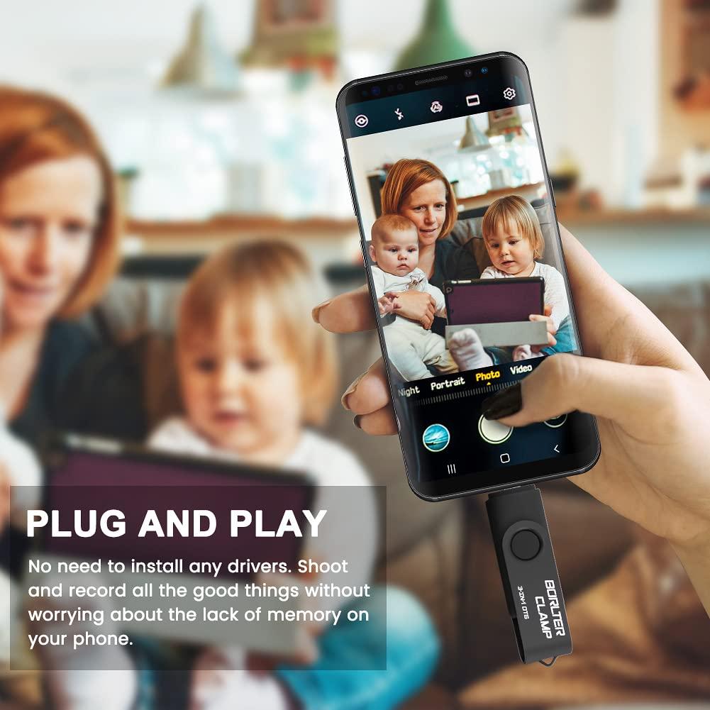 BORLTER CLAMP 256GB 3 in 1 USB 3.0 Flash Drive Photo Stick for Android Phones, BorlterClamp OTG Memory Stick with 3 USB Ports (USB C, microUSB, USB A) for Samsung Galaxy, LG, Tablets, PC and More, Black