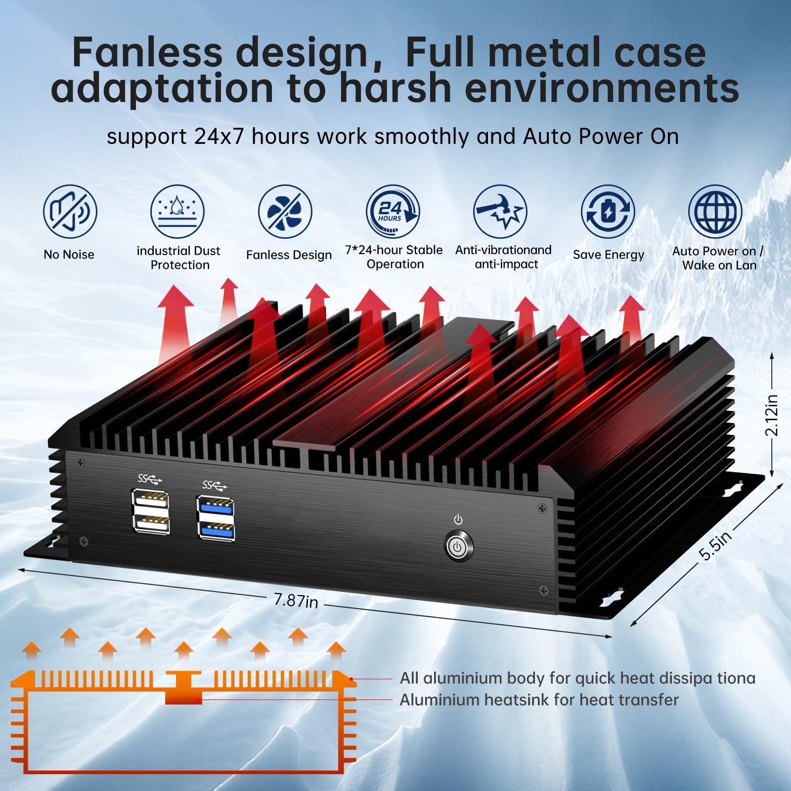 Kinupute Kinupute Fanless Industrial Mini PC, Desktop Computer Core i3-5005U 2.0GHz, Windows 10 Pro, 8G RAM, 128G SSD, 2xNICs, 2xCOM RS232, HDMI/VGA Port, WiFi, Auto Power On, Support 4G Module
