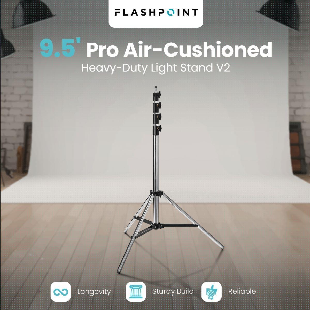 Flashpoint Flashpoint 9.5' Pro Air Cushioned Heavy Duty Light Stand for Photography, Lightwight and Durable Portable Photography Light Stand Tripod is Suitable for Pro Photography (Chrome)