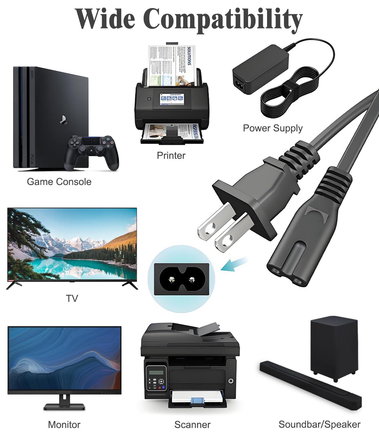 TCKN AC Power Cord for Xbox Series X/S,Xbox One X/S,for Sony PS4 PS5 PS3 Slim PlayStation5 4 3, TV, Printer, Speaker Universal 2 Prong Power Cable Replacement
