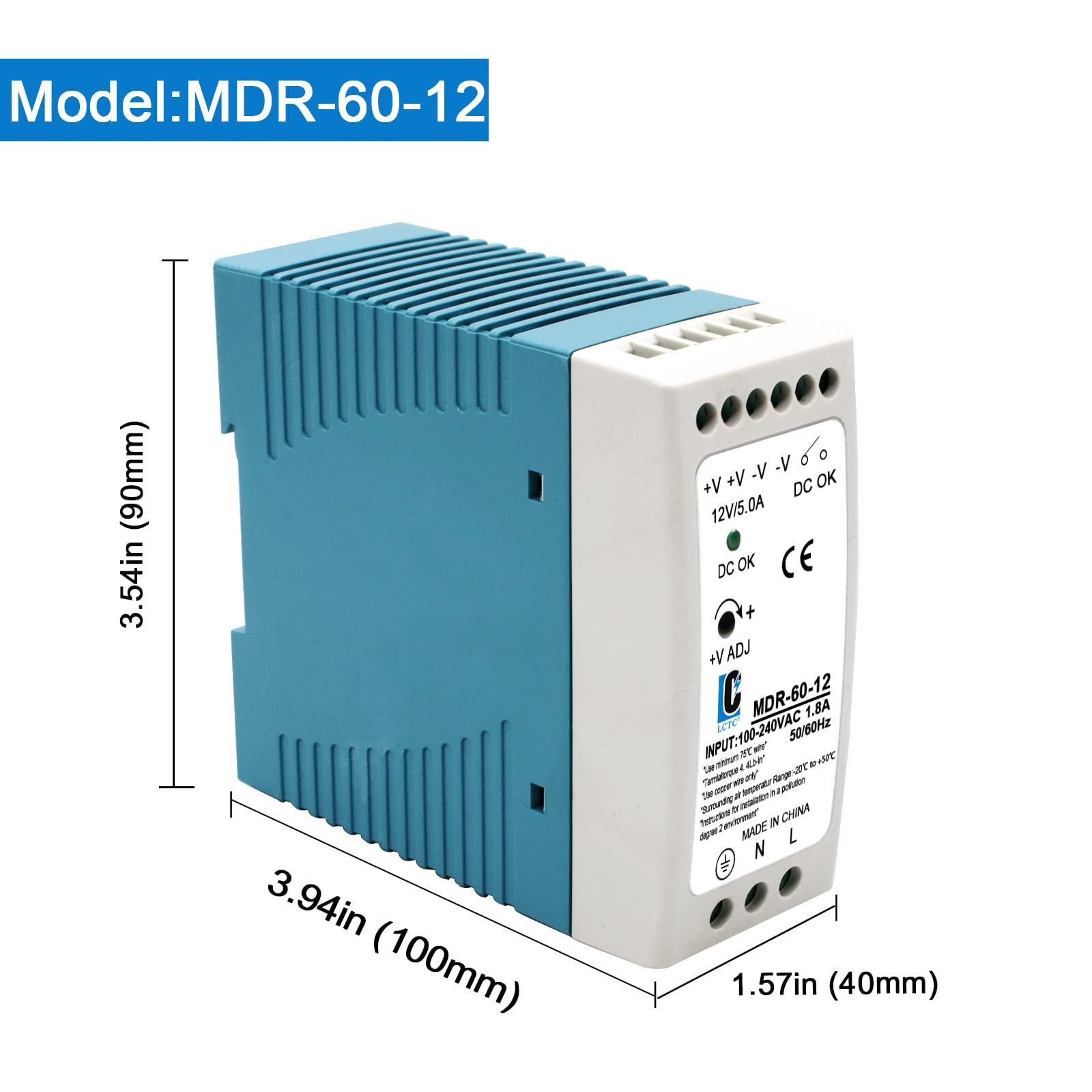 LCLCTC DIN Rail DC 12V Switching Power Supply MDR 60W (Input:100-240VAC,Output:12VDC,50/60HZ) Switch Converter (12V 5A)