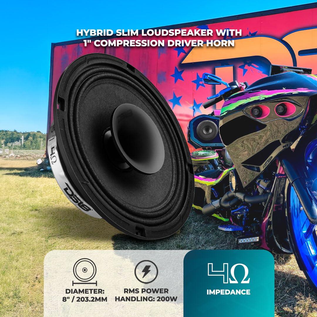 DS18 DS18 PRO-HY8.4MSL 8 Inches Shallow Hybrid Mid-Range Car Audio Loudspeaker with Built-in Driver and Grill Included 400W Max 200W RMS 4 Ohms (1 Speaker)