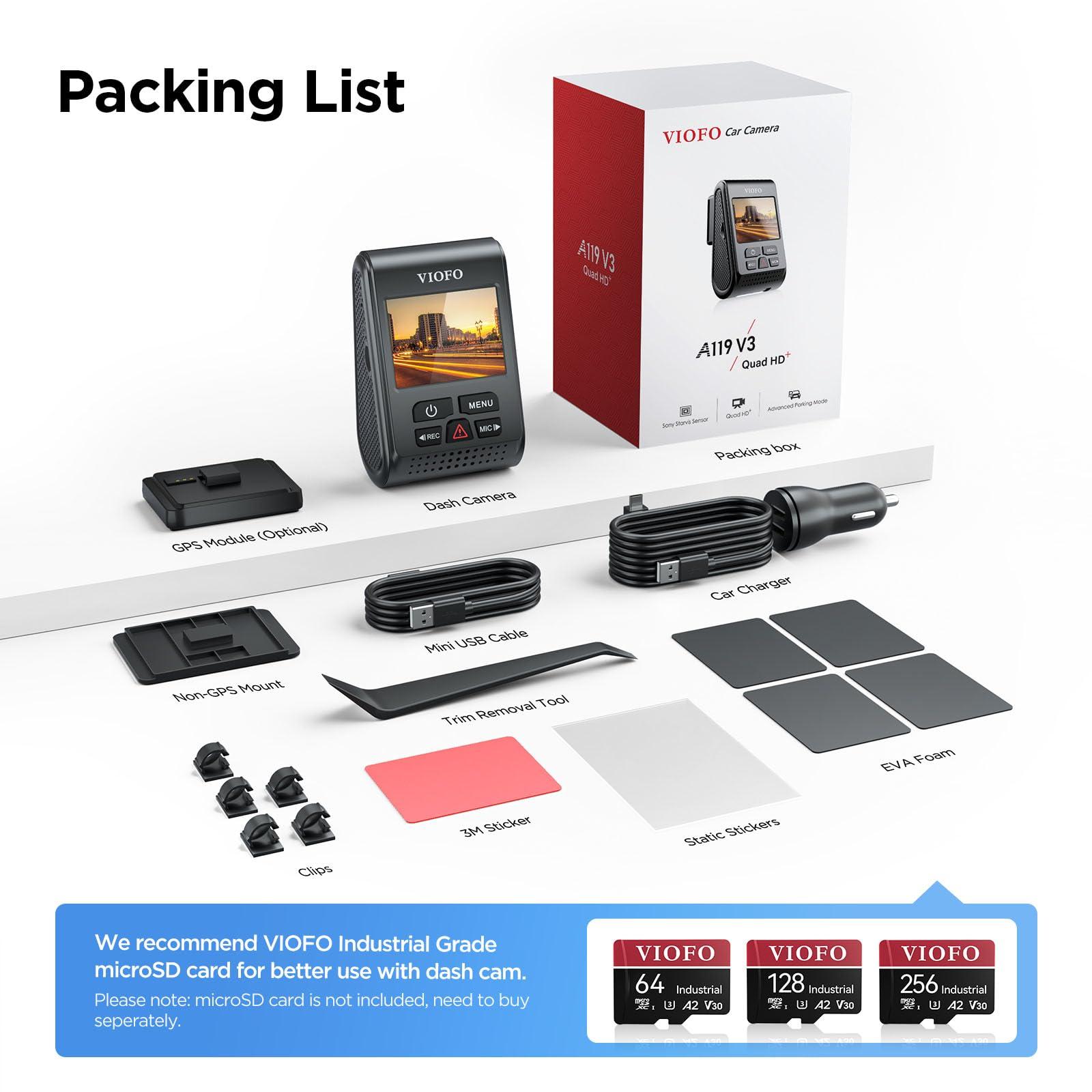 VIOFO VIOFO Dash Cam A119 V3 2K 2560x1440P Quad HD+ 60FPS Front Car Dash Camera, 5MP STARVIS Sensor, 140-Degree Wide Angle, GPS Included, Buffered Parking Mode, True HDR, Motion Detection, Time Lapse