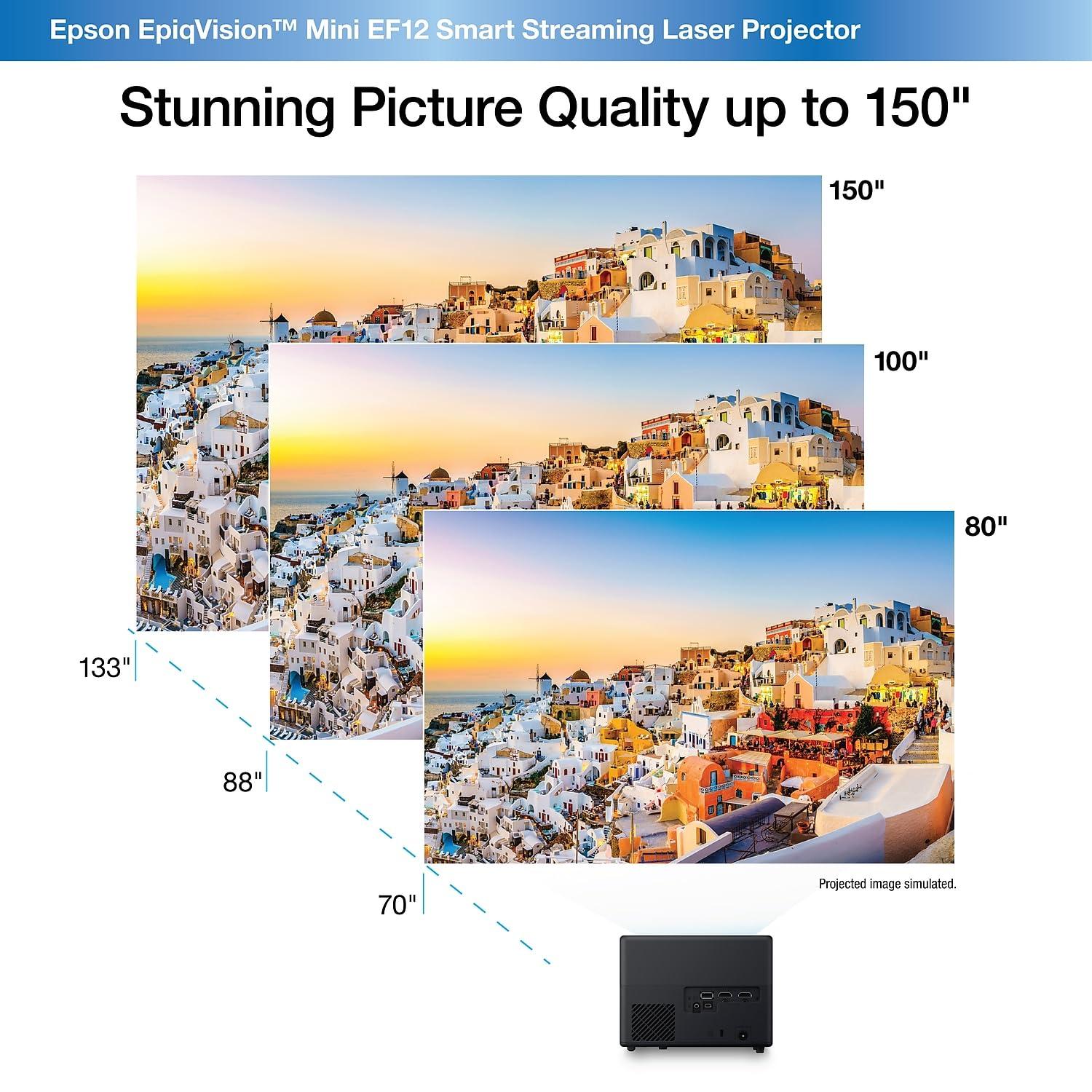 Epson Epson EpiqVision Mini EF12 Smart Streaming Laser Projector, HDR, Android TV, Movies, Family Gaming, Portable, sound by Yamaha, 3LCD, Full HD 1080p, 1000 lumens Color & White Brightness Bluetooth Black