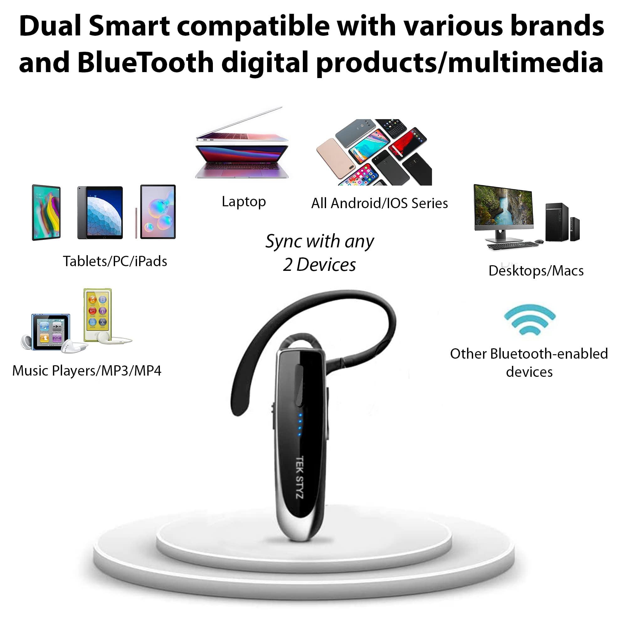 Tek Styz Bluetooth 5.3 Headset Compatible with Samsung Galaxy S21/Ultra/Plus/S21+ 5G IPX5 Dual Microphones Noise Reduction 22Hrs Talk/60 Day Standby