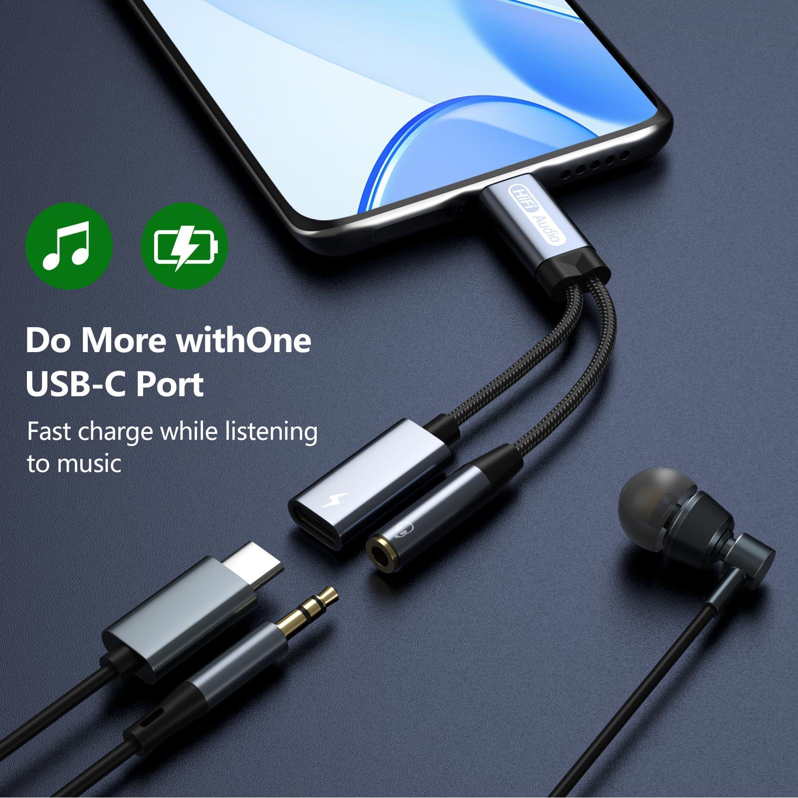 Liaoan USB C to 3.5mm headphones and charging adapter, 2-in-1 USB C to 3.5mm female head and USB C charging port, fast charging, suitable for mobile phone 15 Pro Max Plus, S21 S22 S23 S24 Ultra, Note 20.