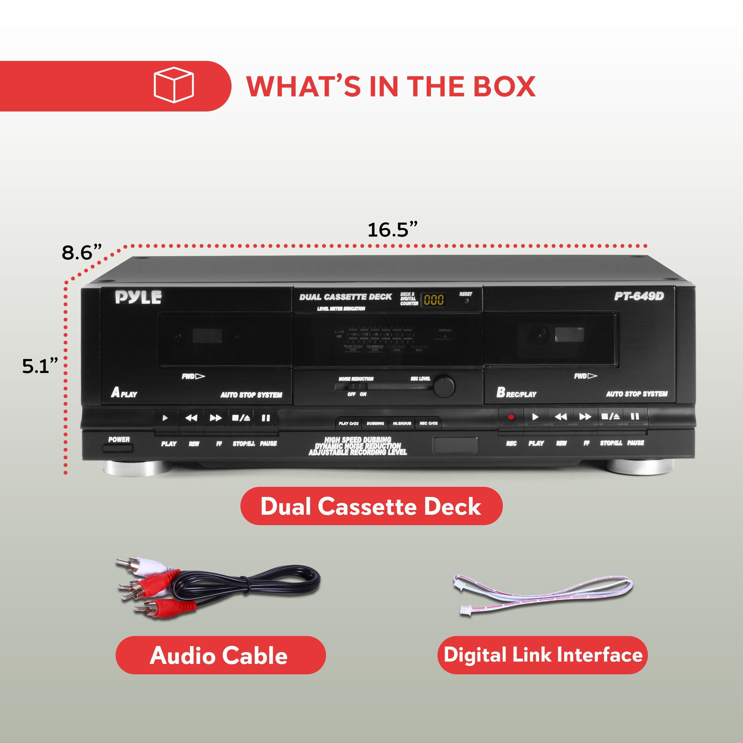 Pyle Pyle Home Digital Dual Cassette Deck Media Player Music Recording Device with RCA Cables Switchable Rack Mounting Hardware CrO2 Tape Selector Included 3 Digit Counter - 110V/220V