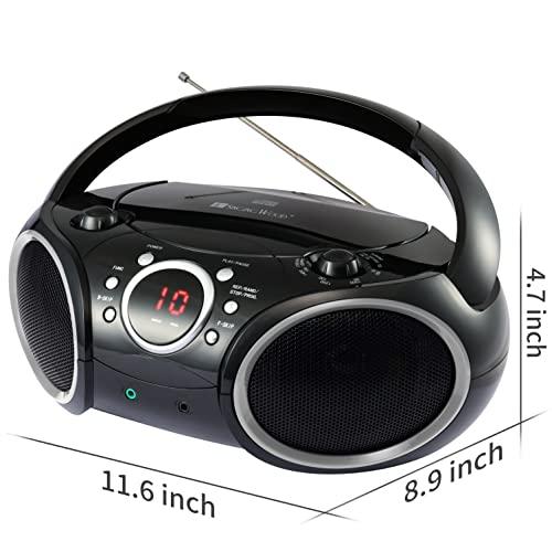 SINGING WOOD SINGING WOOD 030C Portable CD Player Boombox AM FM Analog Tuning Radio, Aux Line in, Headphone Jack, Foldable Carrying Handle (Black with a Touch of Grey Rims)