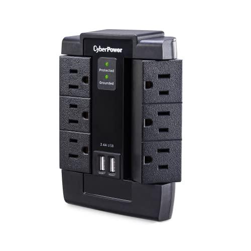 CyberPower CyberPower CSP600WSU Surge Protector, 1200J/125V, 6 Swivel Outlets, 2 USB Charging Ports, Wall Tap Design, Black