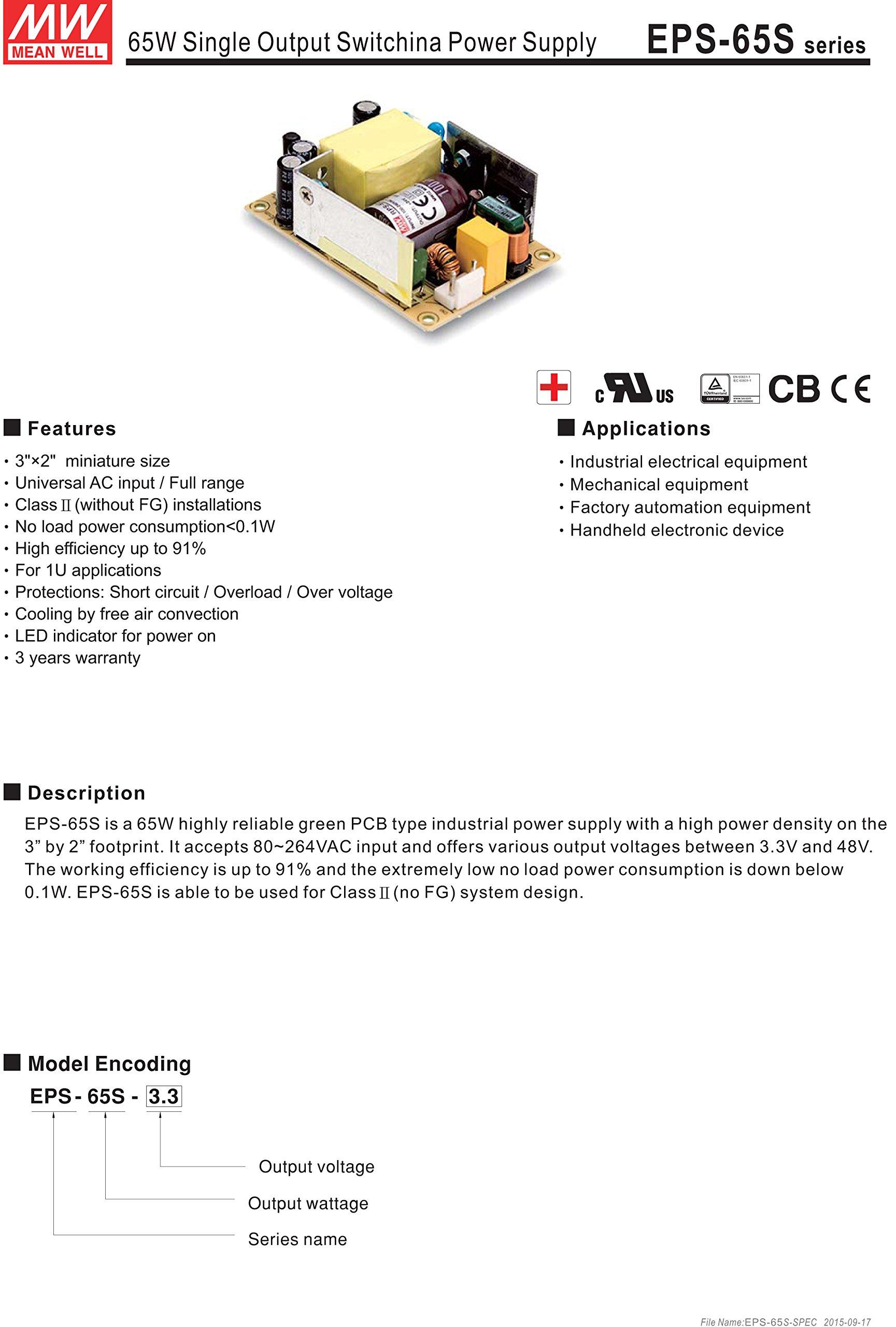 MEAN WELL [PowerNex] Mean Well EPS-65S-7.5 7.5V 8A 60W Single Output Switching Power Supply