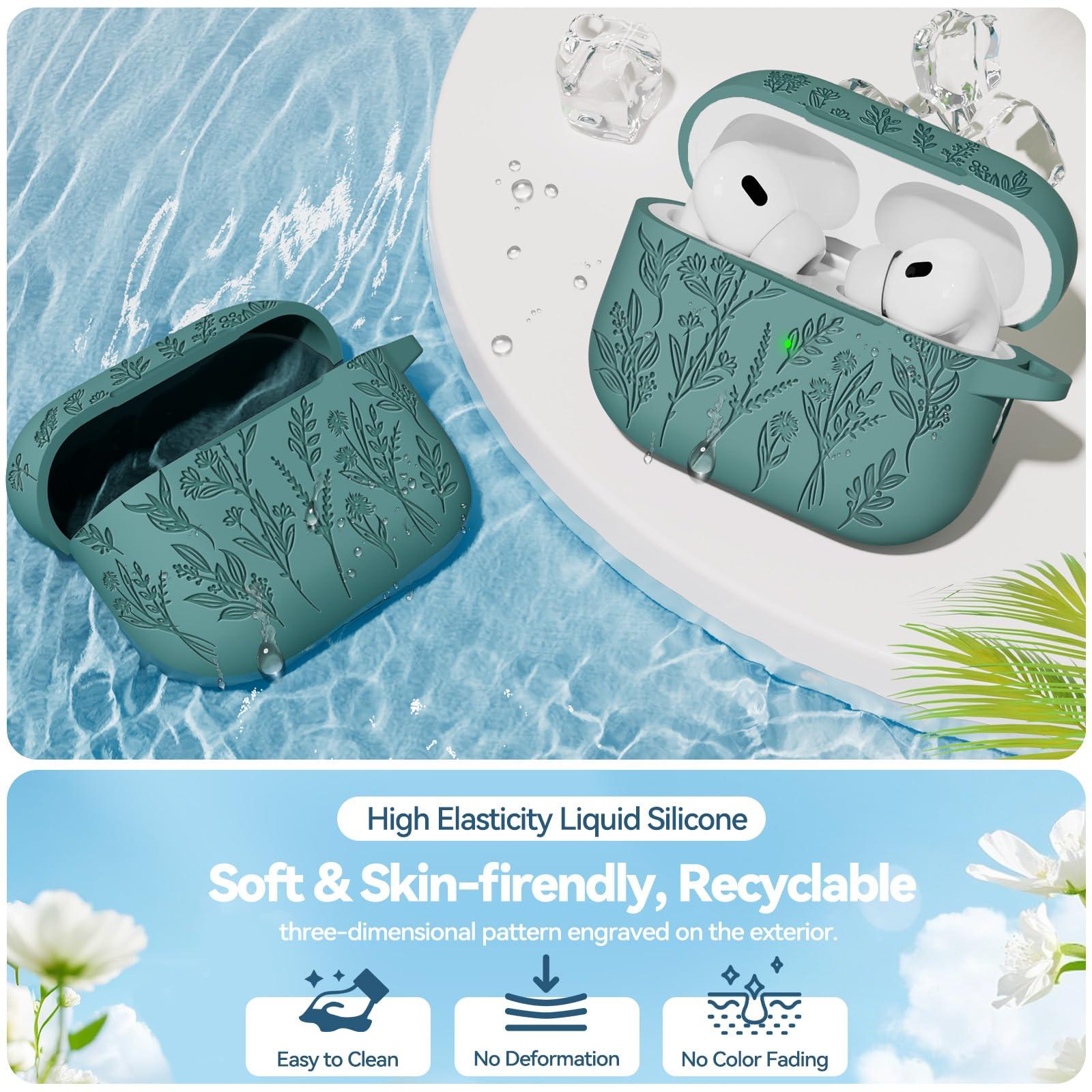 Ekoonpft for AirPods Pro 2 Case, Ekoonpft Silicone AirPod Pro Cases with 3-in-1 Cleaning Kit & Keychain, Flower Engraved Cover for Apple AirPods Pro 2nd/1st Generation, Shockproof & Anti-Scratch