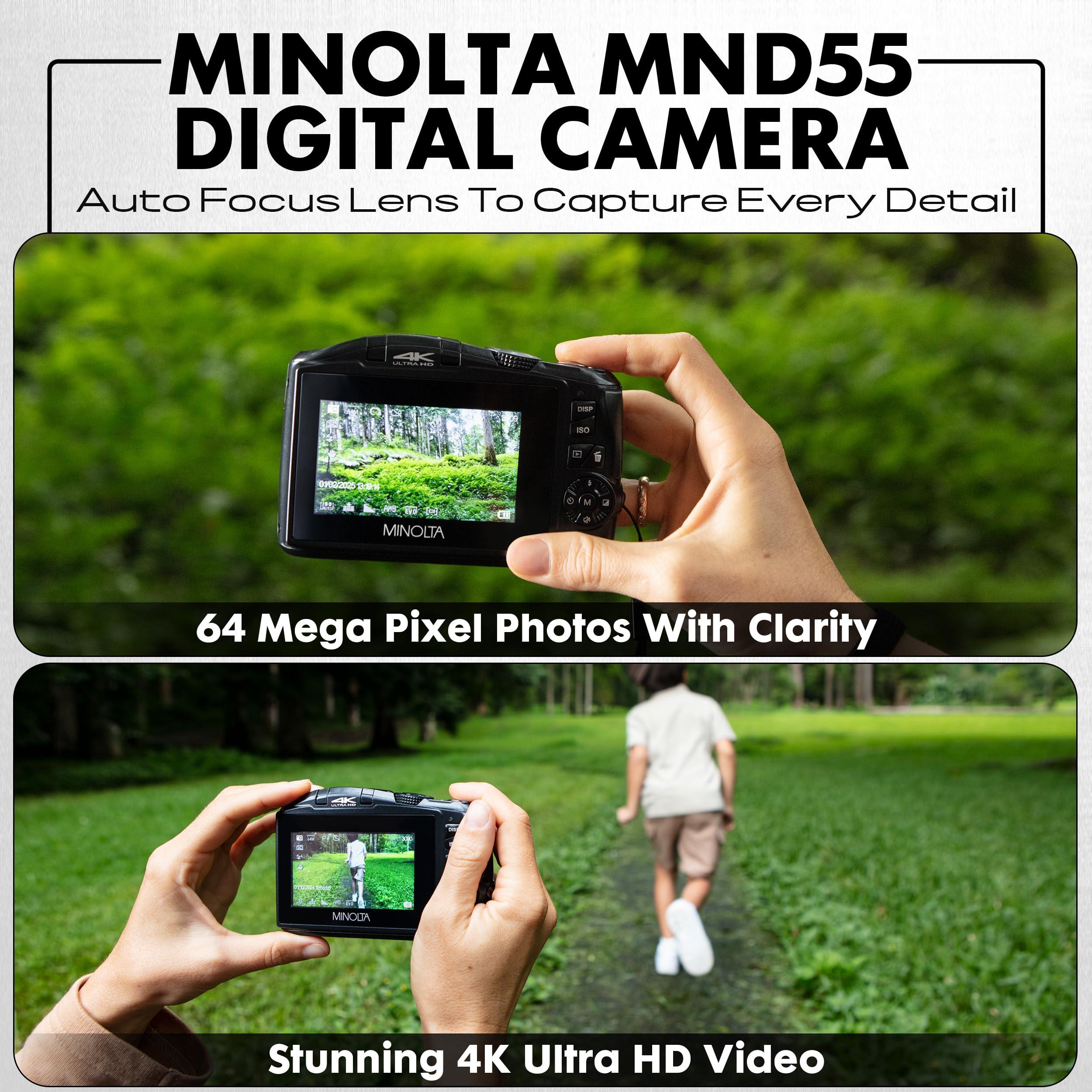 Minolta Minolta 64MP Digital Camera 4K Ultra HD Video at 60FPS, 16x Digital Zoom, WiFi, CMOS Sensor, 3-inch LCD Display, Auto Exposure - Includes 32GB Memory Card, Rechargeable Battery (Purple)