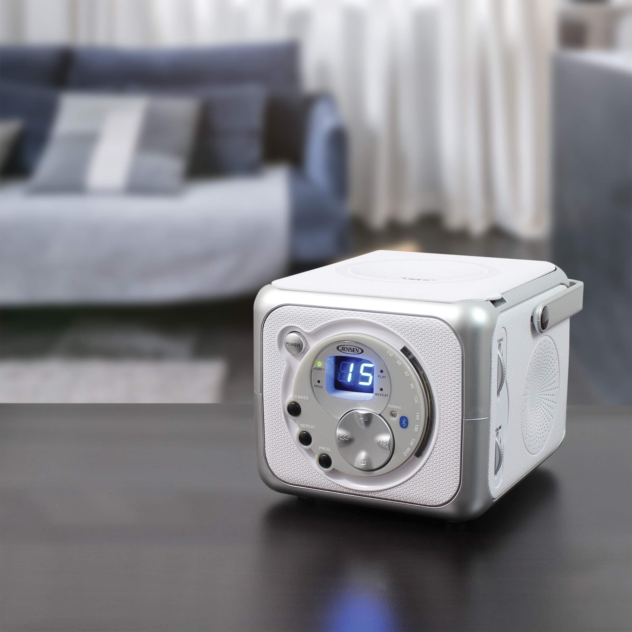 Jensen Jensen CD-555 White/Silver CD Bluetooth Boombox Portable Bluetooth Music System with CD Player +CD-R/RW & FM Radio with Aux-in & Headphone Jack Line-In