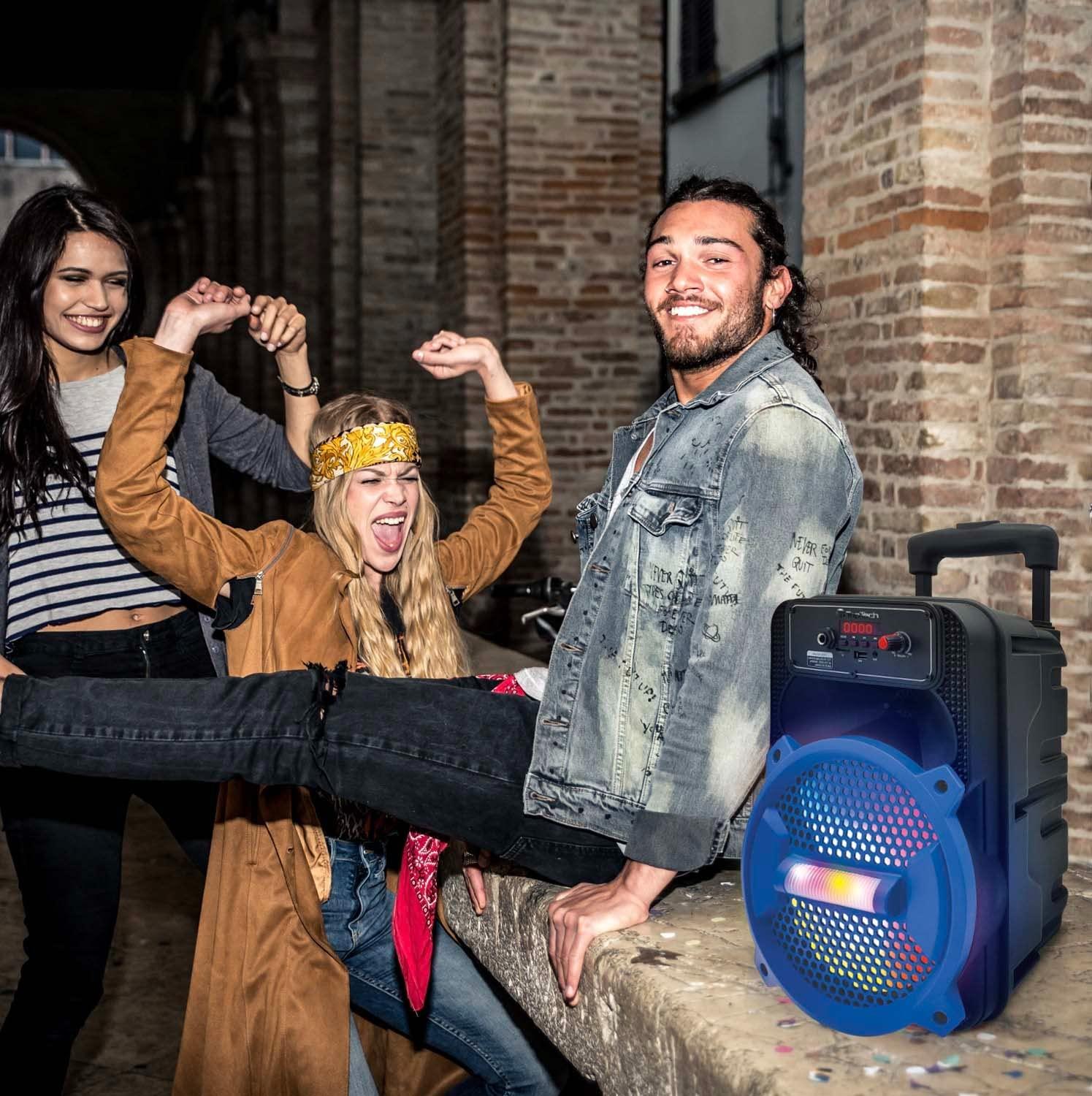 TOPTECH Top Tech Rock-8 Fully Amplified 1500W Portable Bluetooth Speaker, 8-Inch Woofer, LED Lights, 5-Hr Rechargeable Battery, USB, TF Card, FM Radio, AUX Inputs, Wired Microphone for Karaoke, Blue