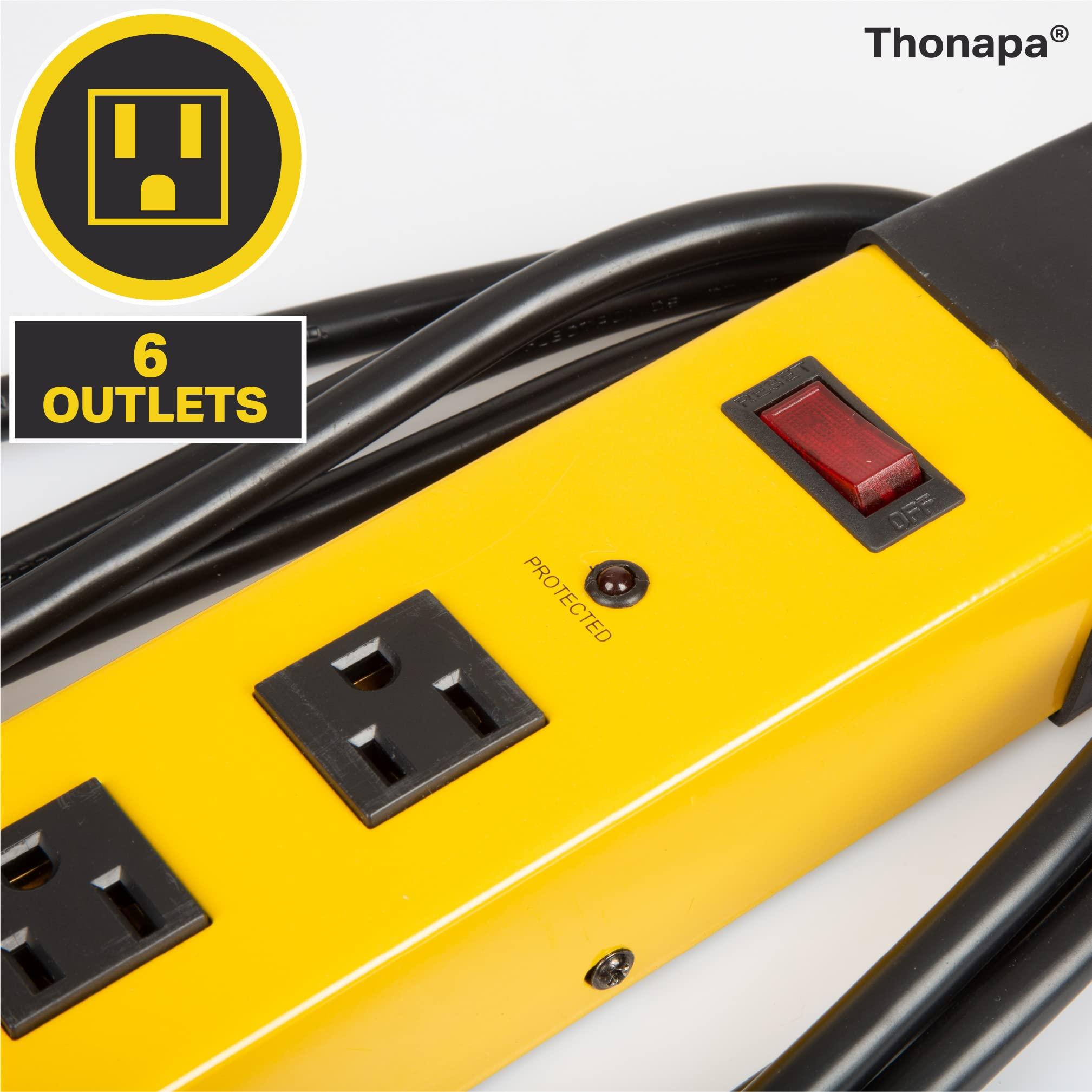 Thonapa Thonapa Heavy Duty Surge Protector Power Strip 6 Outlets, 14/3 SJT 9 ft Heavy Duty Extension Cord 3 Prong, Industrial Power Strip Black & Yellow Metal Surge Suppressor, ETL Listed
