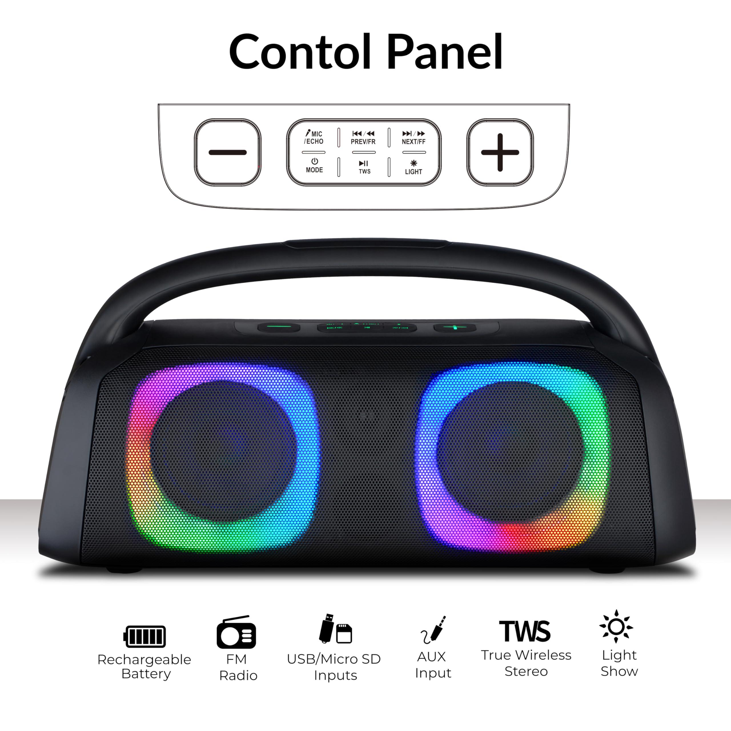 Supersonic IQ Sound IQ-3540BT Portable Bluetooth Speaker with RGB Lights, TWS, Enhanced Stereo Sound, Voice Assistant Control, Hands-Free Mic, RGB Lighting Modes, A2DP Bluetooth, USB/Micro SD/FM Radio Inputs