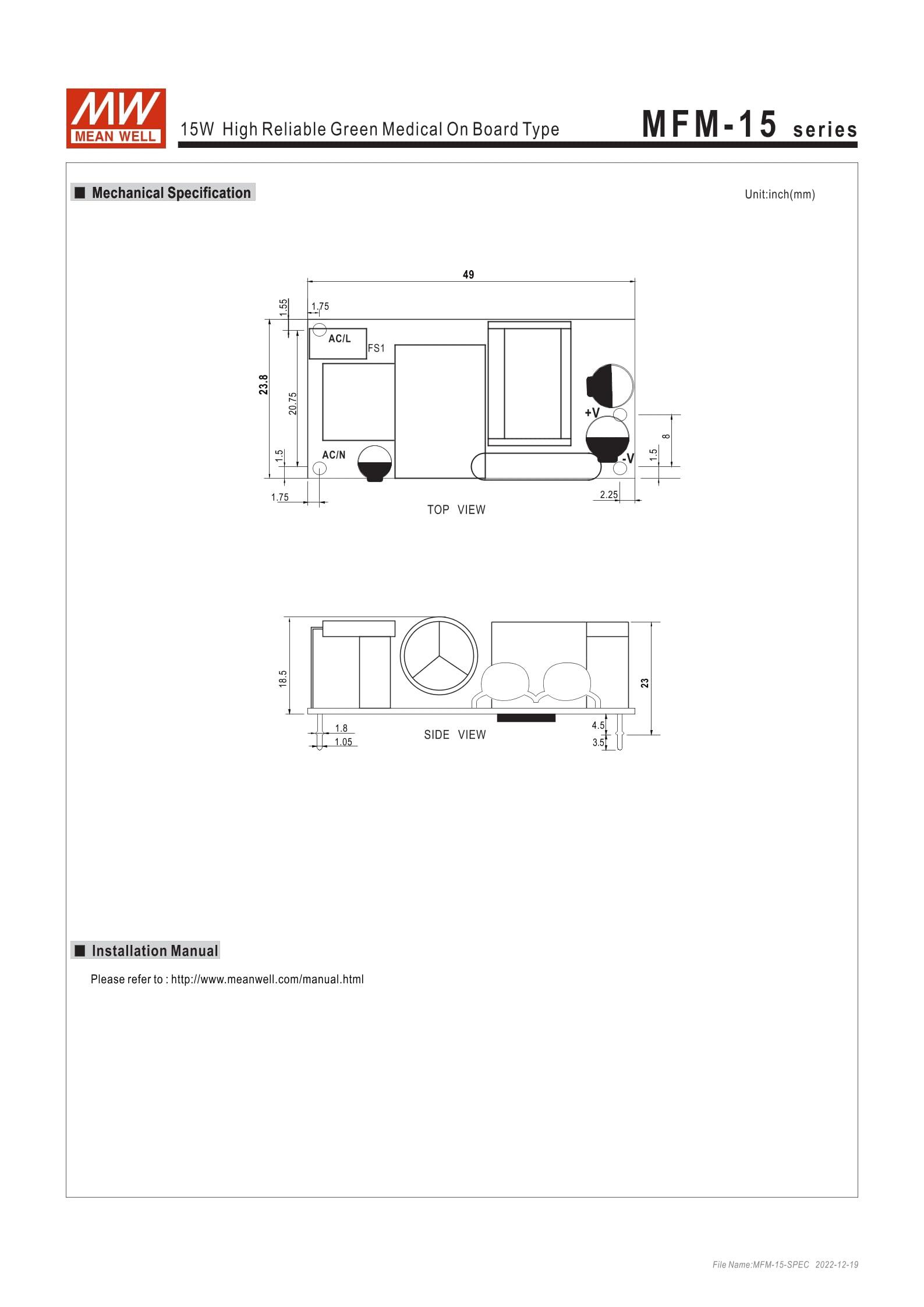 MeanWell Mean Well MFM-15-24 15.1W High Reliable Green Medical On Board Type MFM-15 24V 0.63A