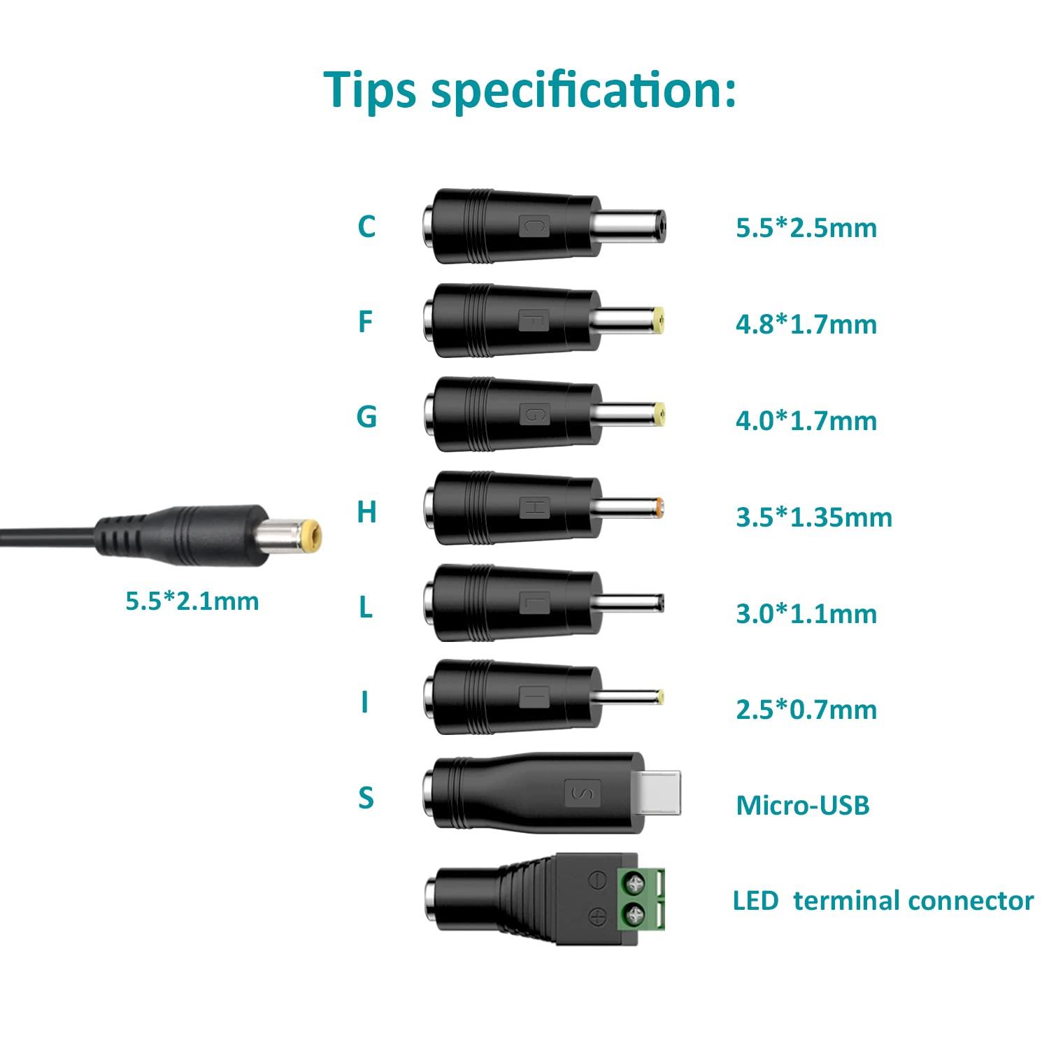 Basicvolt Basicvolt 12W Universal Power Supply 12V 9V 7.5V 6V 5V 4.5V 3V 1A AC to DC Adapter for Led Strip Router Speaker CCTV Camera Tablet Radio 3 to 12 Volts 1000mA Switching Power Supply with 8 Tips