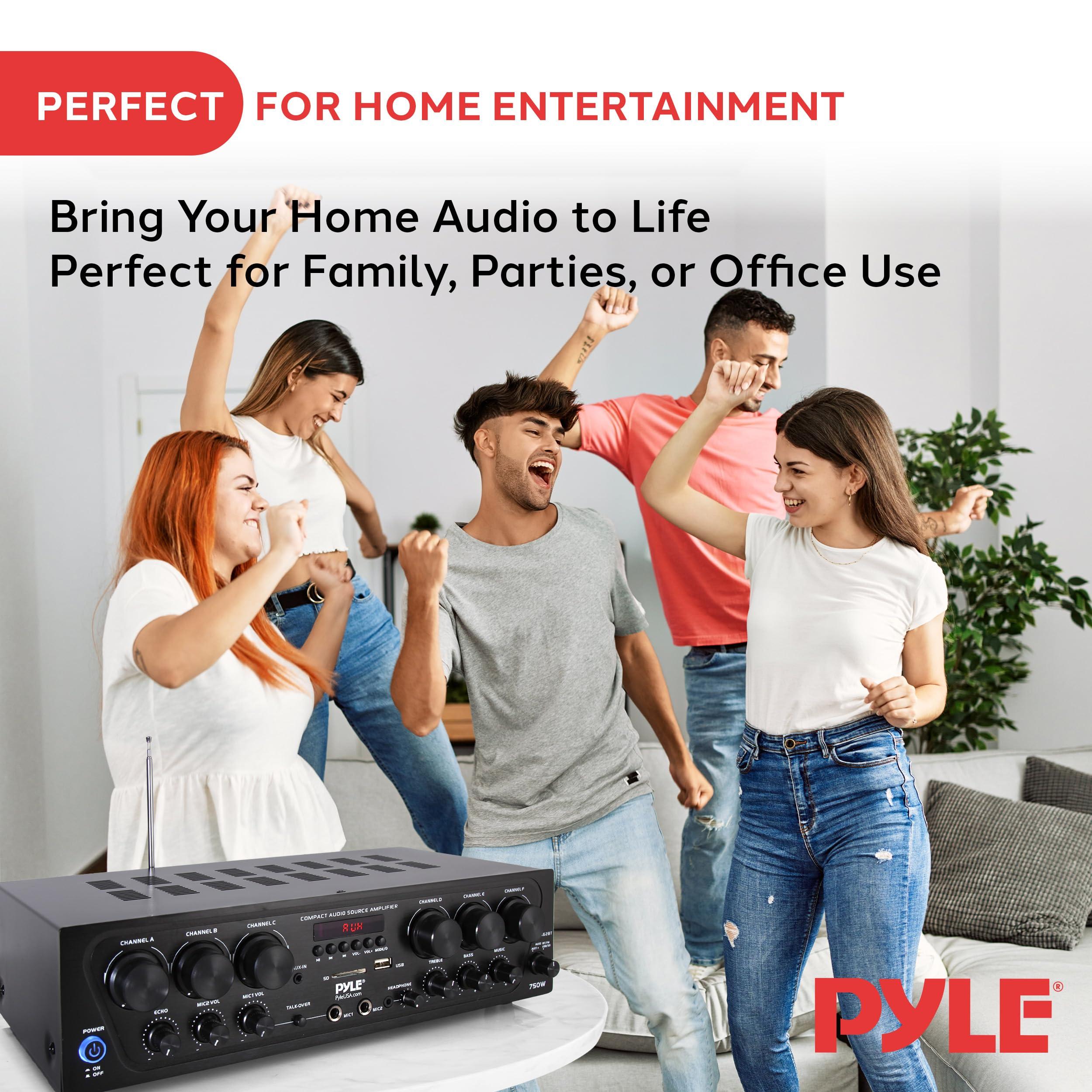 Pyle Pyle Wireless Bluetooth Home Audio Amplifier System-Upgraded 6 Channel 750 Watt Sound Power Stereo Receiver w/USB, Micro SD, Headphone,2 Microphone Input w/Echo, Talkover for PA - PTA62BT.5