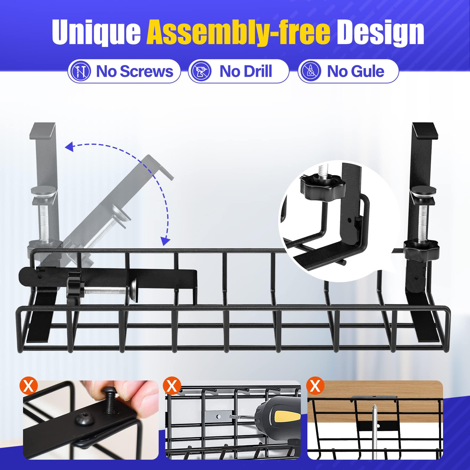 Xpatee Under Desk Cable Management Tray, Xpatee Upgraded Wire Management No Drill No Screws, Cable Tray with Clamp for Desk Wire Management, Computer Cable Rack for Office, Home - No Damage to Desk Black