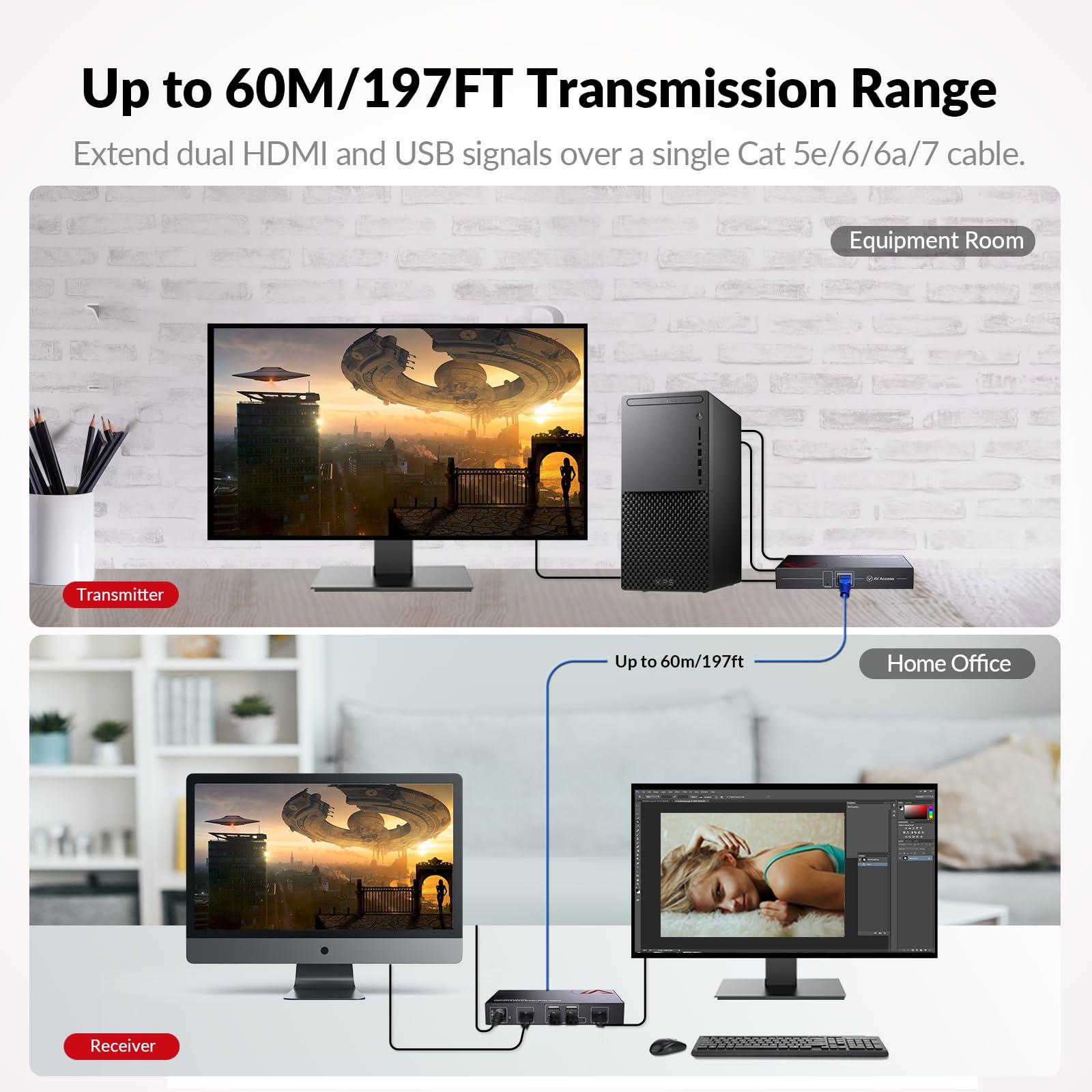 v AV Access HDMI USB KVM Extender Dual Monitor Over Cat5e/6/6a/7 up to 1080p@60Hz 197ft, Zero Latency Extended Dual View, Display 2 Monitors with 4 USB 2.0 Ports for Keyboard/Mouse, HDCP 1.4, PoC, Plug and Play