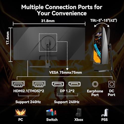 SANSUI SANSUI 32 Inch Curved 240Hz Gaming Monitor High Refresh Rate, FHD 1080P Gaming PC Monitor HDMI 2.12, DP 1.42, Curved 1500R, 1ms(OD), HDR, VESA Compatible (ES-G32C3F One DP Cable Included)