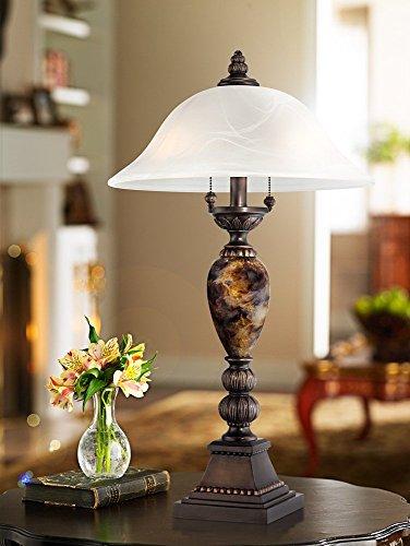 kathy ireland kathy ireland Mulholland Traditional Vintage Table Lamp 27" Tall Aged Bronze Faux Marble White Alabaster Glass Dome Shade for Living Room Bedroom House Bedside Nightstand Home Office Family