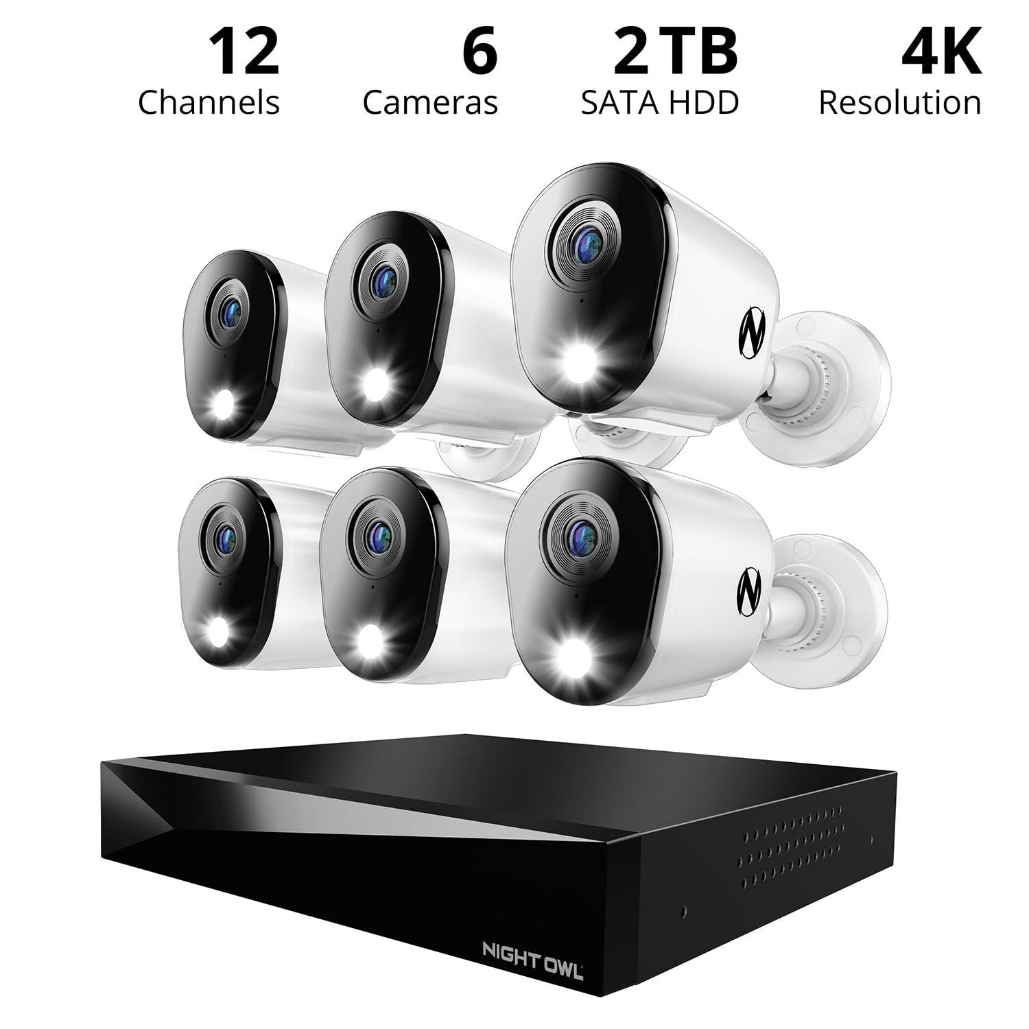 Night Owl Night Owl 2-Way Audio 12 Channel DVR Video Home Security Camera System with (6) Wired 4K HD Indoor/Outdoor Deterrence Cameras and 2TB Hard Drive (Add up to 4 Wi-Fi Cameras) (6 CAMERA)