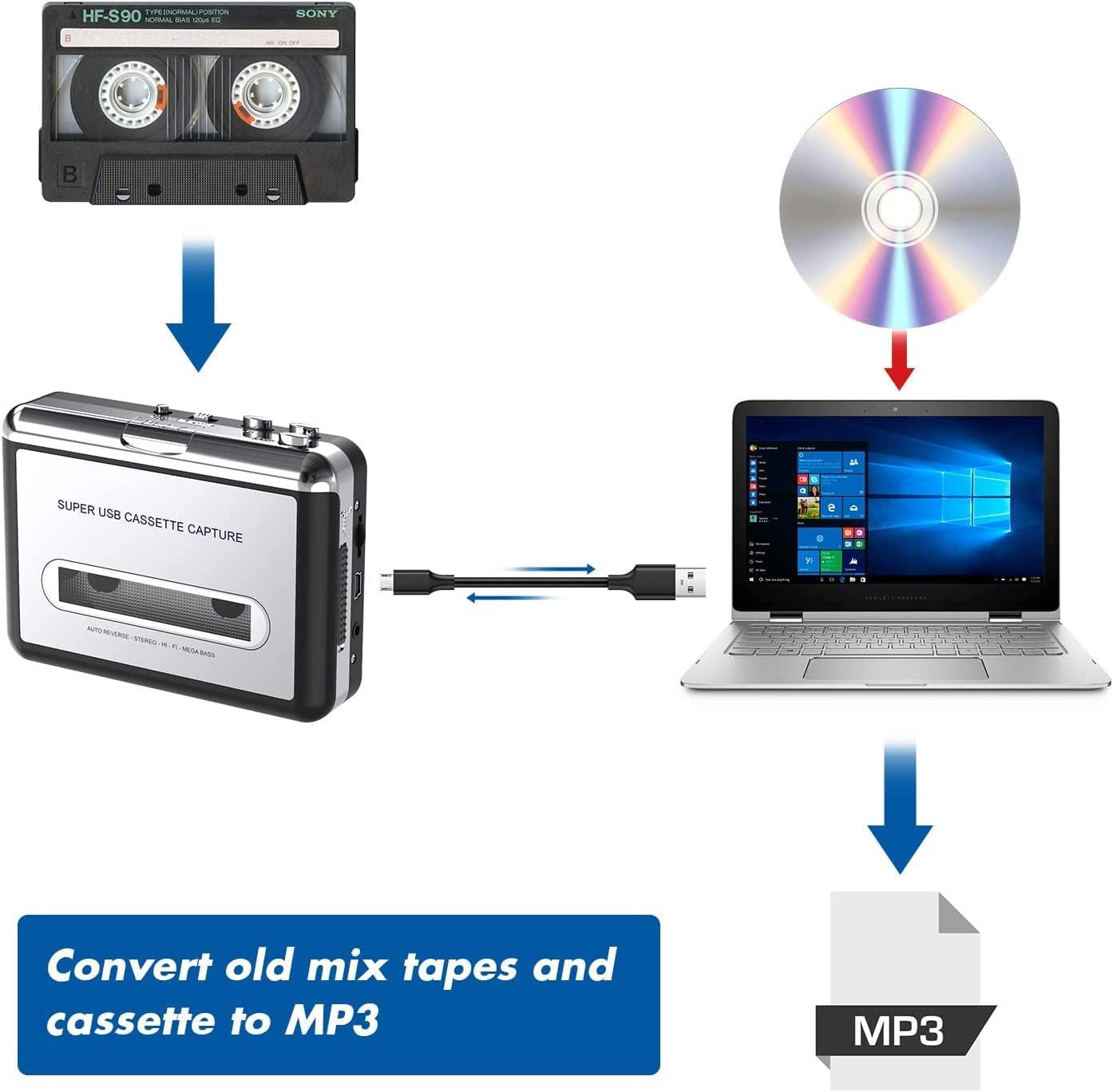 DIGITNOW DigitNowCassette Tape To CD Converter Via USB,Portable Cassette Player Capture Audio Music Compatible With Laptop and Personal Computer, Convert Walkman Tape To MP3 Format