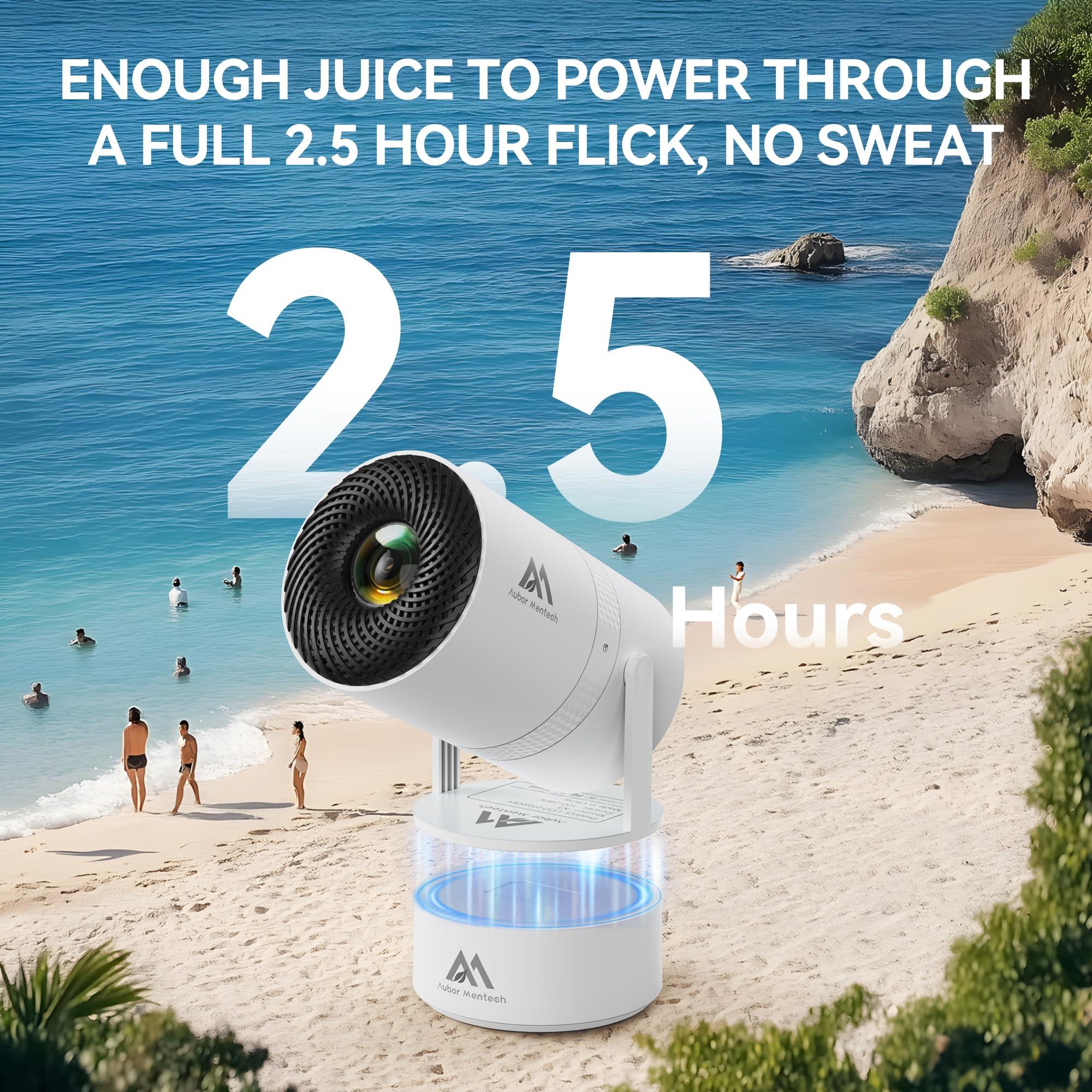 AUBOR MENTECH [Built-in Battery] Mini Projector with Wifi and Bluetooth, Rechargeable Portable Outdoor Smart Projector with Support 4K Decoding, Electric Focus Home Theater for Phone, White