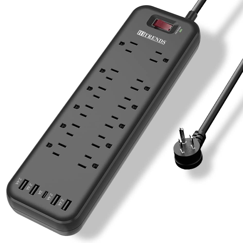 HITRENDS Power Strip Surge Protector with 12 Outlets & 4 USB Ports & 1 USB-C Port (5V/3A) & Twin Extension Cord Power Strip - 12 Feet Cord - 6 feet on Each Side