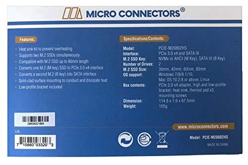 MICRO CONNECTORS MICRO CONNECTORS M.2 NVMe + M.2 SATA 80mm SSD PCIe x4 Adapter with Heat Sink (PCIE-M20802HS)