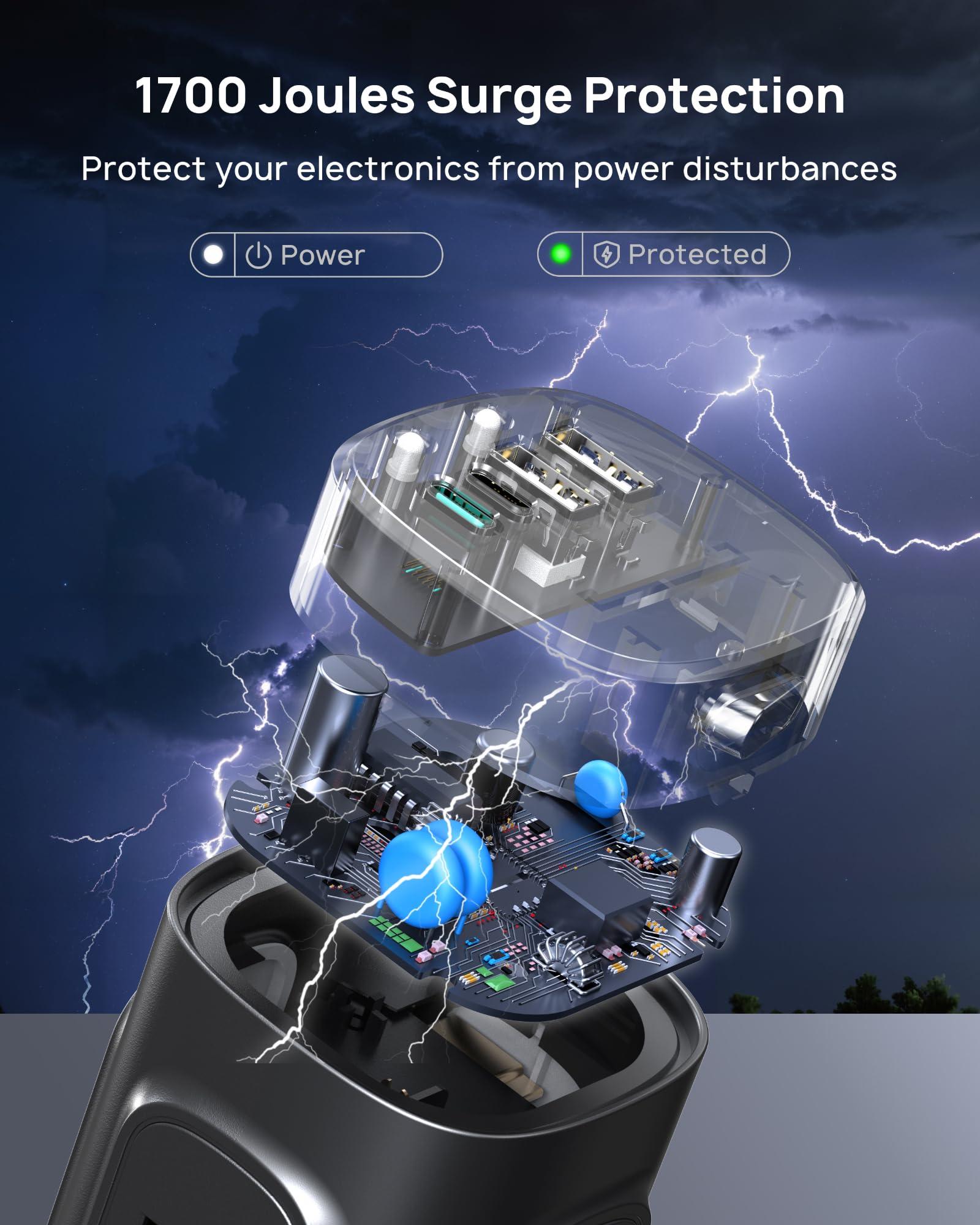 TROND TROND Retractable Power Strip Tower - Flat Plug Surge Protector Power Strip with USB C PD 20W, 5ft Extension Cord with Multiple Outlets, 1700 Joules, Office Desk Supplies, Dorm Room Essentials, Black