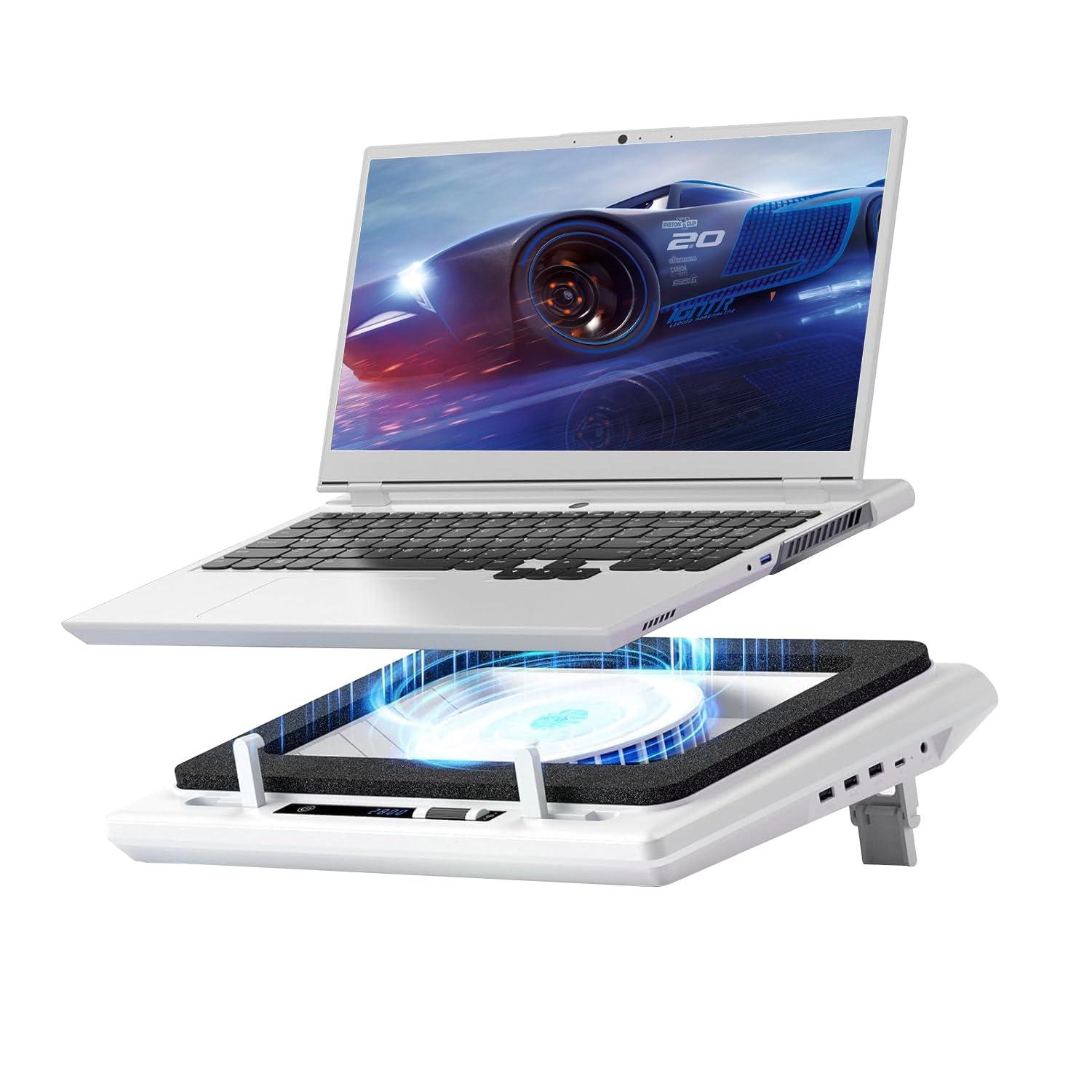 llano llano Laptop Cooling Pad with Powerful Turbofan(5.5inch Diameter), Fast Cooling Gaming Notebook Computer 15.6-21in, Adjustable Speed, Touch Control, LCD Screen, 3-Port USB A (White V13 Without RGB)