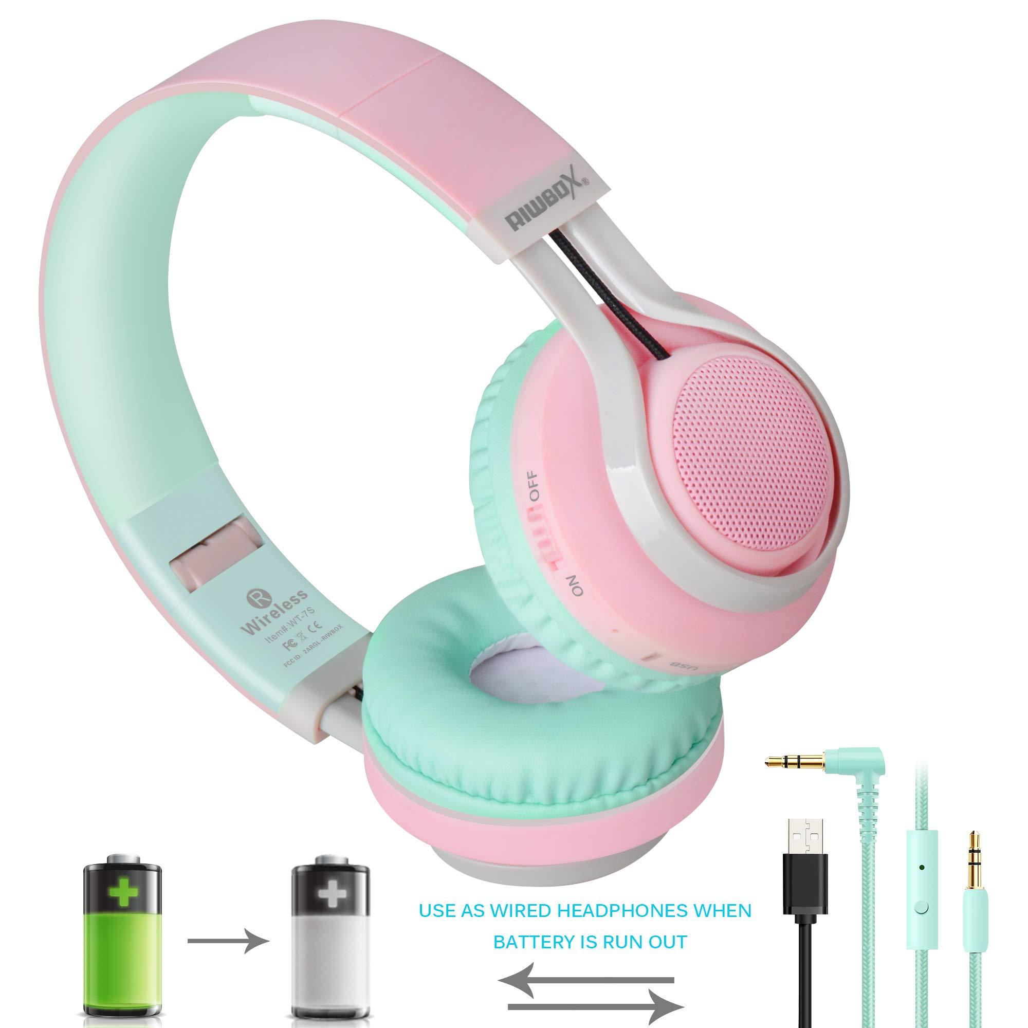Riwbox Riwbox WT-7S Bluetooth Headphones Light Up, Foldable Stero Wireless Headset with Microphone and Volume Control for PC/Tablet/TV/Travel (Pink Green)