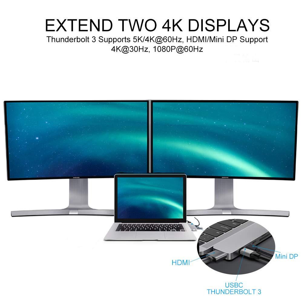 Hyper HyperDrive Mac USB C Hub Adapter, Multi-Port Hub MacBook Pro 2020 2019-2016, MacBook Air 8-in-2 Dongle w Thunderbolt 3, USB-C 100W PD, 4K HDMI, MiniDP, microSD/SD Card Reader, 2xUSB A - Gray