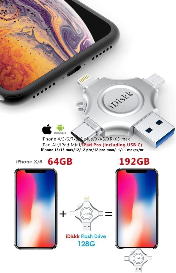 iDiskk [MFi Certified] 128GB Flash Drive for iPhone iPad USB 3.0 Lightning Drive 4 in 1 Multi Functional External Storage for iOS and Android Samsung Phones Type c Devices and MacBook idiskk Thumb Drive