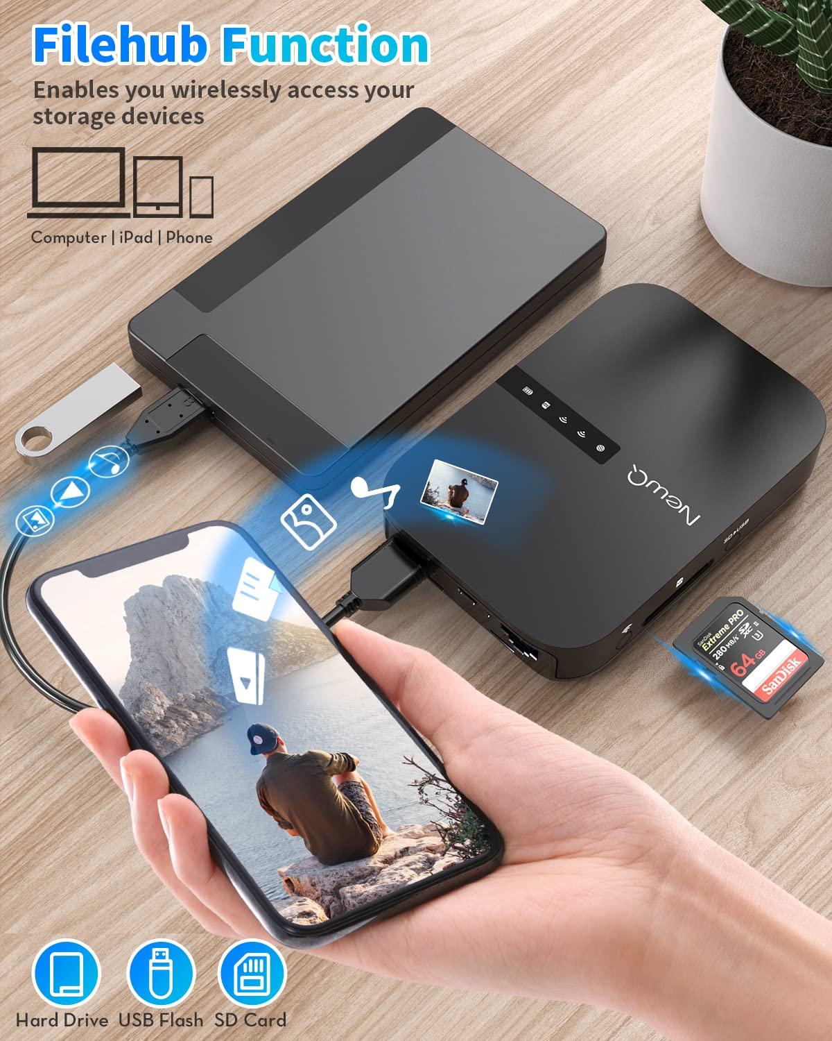 NEWQ NewQ Filehub AC750 Travel Router: Portable Hard Drive SD Card Reader & Mini WiFi Range Extender for Travel | Wireless Access External Harddrive & USB Storage Device to Backup Photo & Files from iPhone
