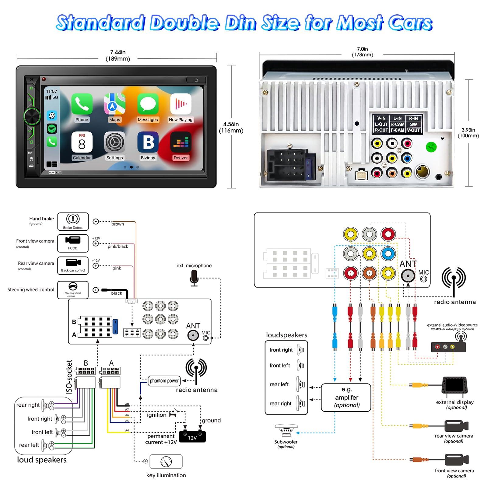 Stiflix Double Din CarPlay Multimedia System: 7 Inch Touchscreen Car Stereo Receiver Bluetooth Android Auto Car Radio with Backup Camera Mirror Link AM FM USB SD AUX Subwoofer Steering Wheel Control