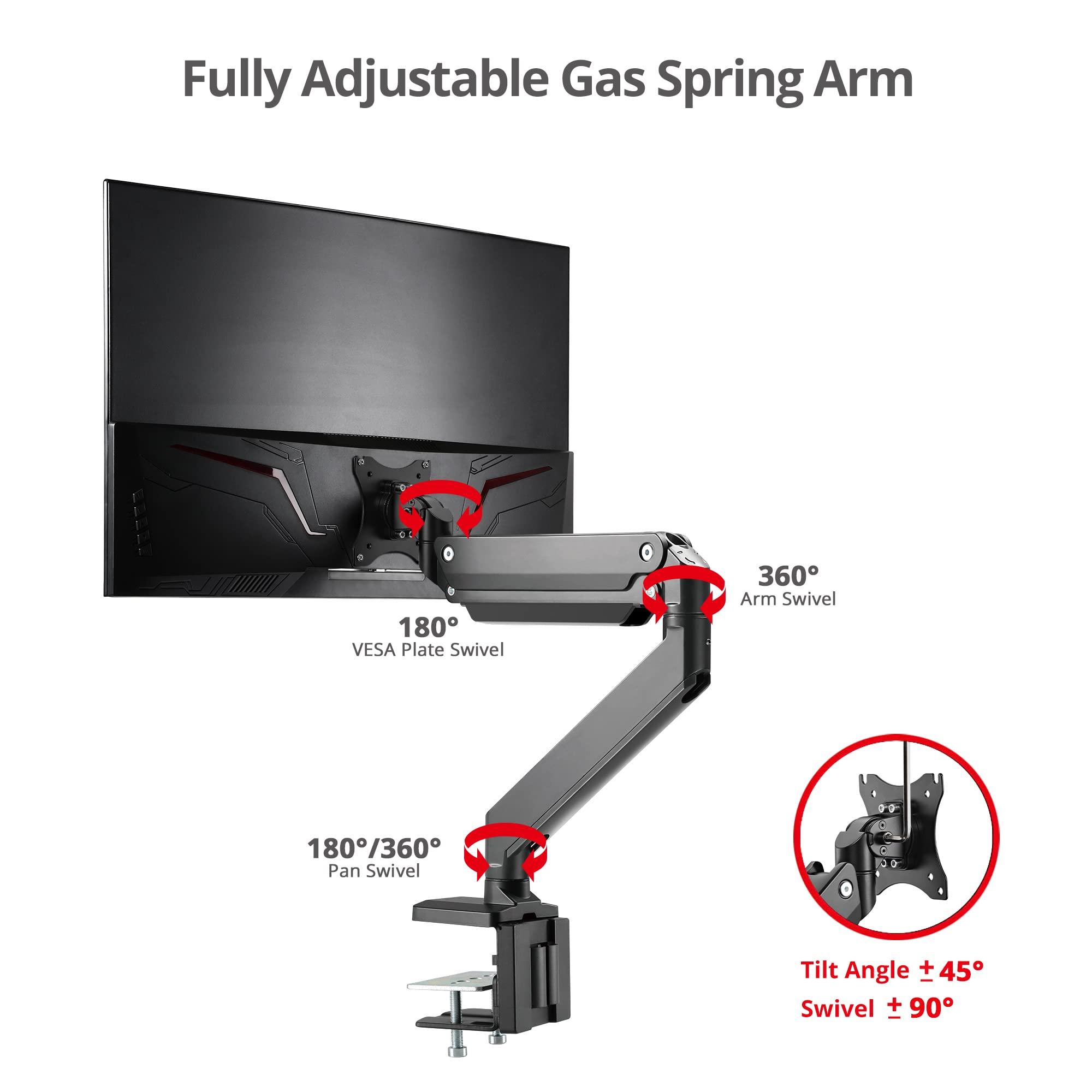 SIIG SIIG Single Monitor Desk Mount, 17\" to 43\", Heavy-Duty Premium Gas Spring, Fits Flat/Curved/Ultrawide Monitor, Load 33 lbs Max, VESA 75x75 100x100, 200x200, C-Clamp and Grommet Base (CE-MT2Z11-S1)