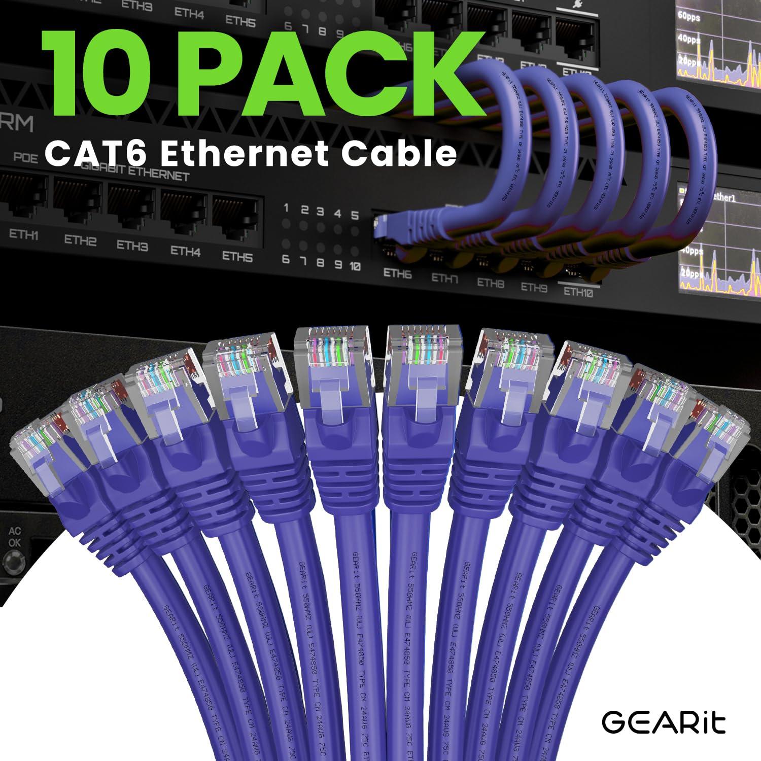 GearIT GearIT Cat 6 Ethernet Cable (10-Pack 5 Feet) Cat6 Network Patch, 10Gbps, RJ45, Snagless Cord, Gold-Plated Connectors, Internet for PC, TV, Tablet, Router, Printer, Servers, IT Data Center - Purple